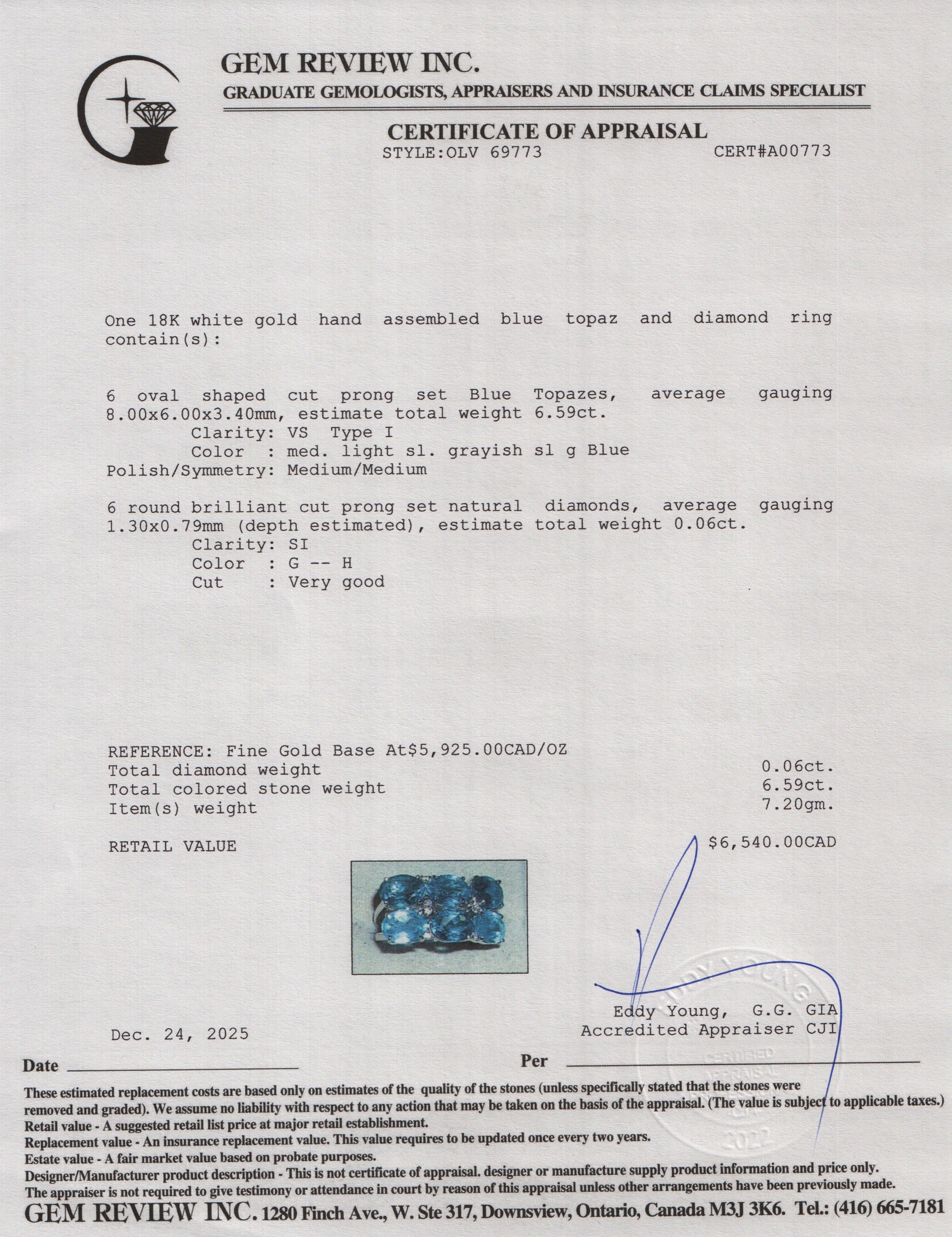 18k White Gold Blue Topaz and Diamond Cocktail Ring, Size 6.75