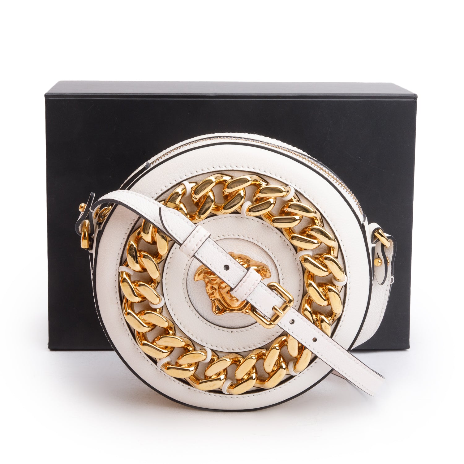 Versace White Calfskin La Medusa Round Camera Bag w/ Box