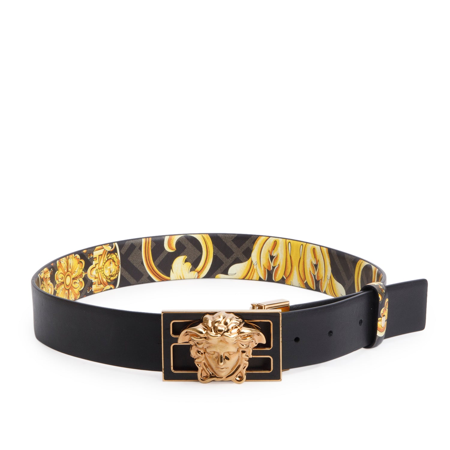 Versace x Fendi Black/Logo Baroque Calfskin Reversible Belt 75