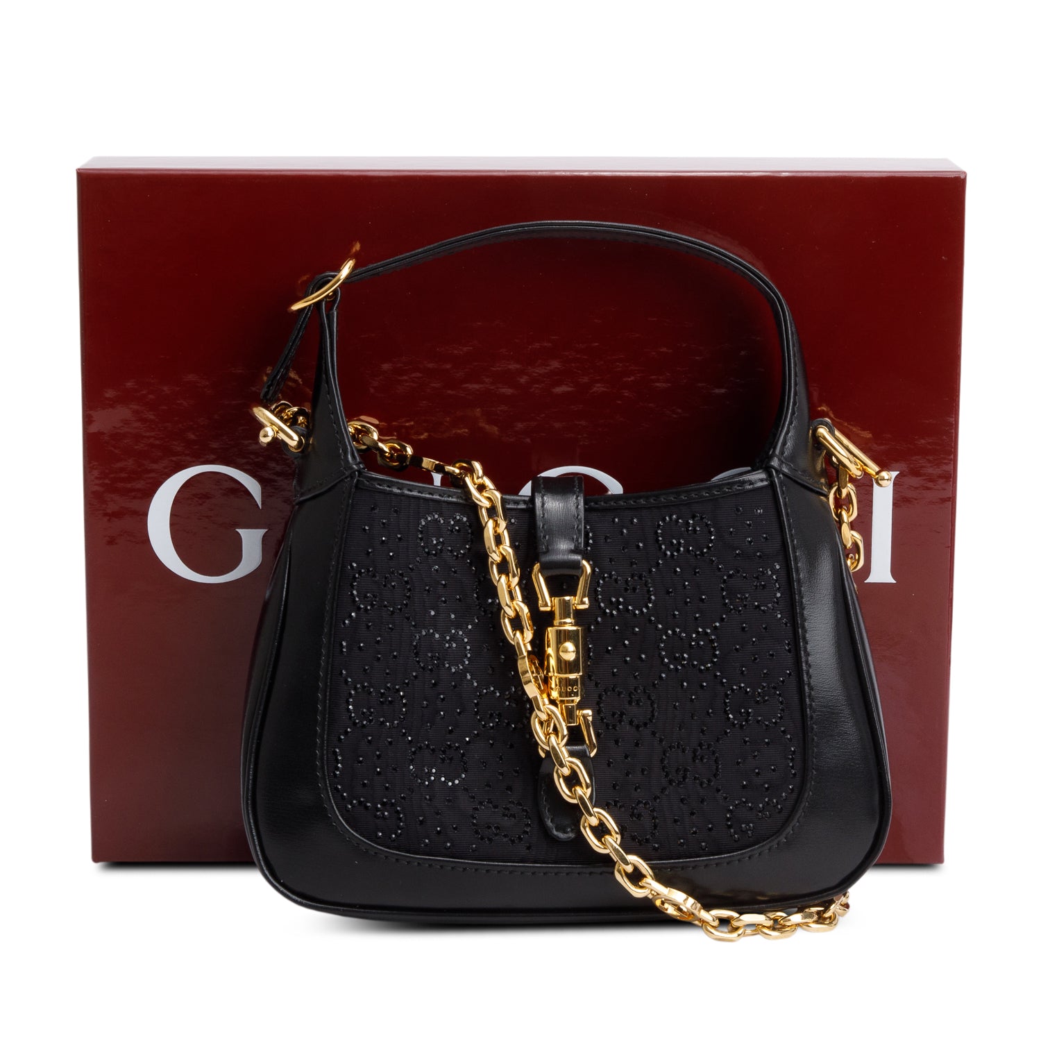 Gucci Black New Canvas Charisma Calfskin Crystal GG Monogram Mini Jackie 1961 w/ Box & Strap