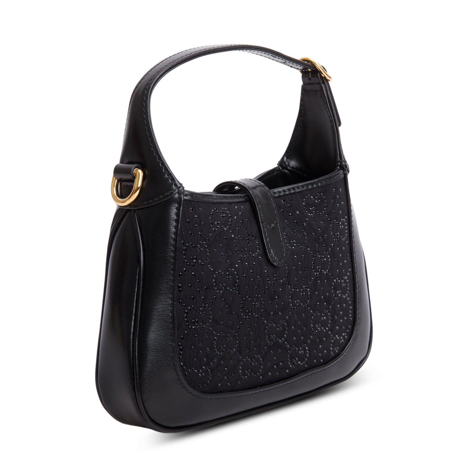 Gucci Black New Canvas Charisma Calfskin Crystal GG Monogram Mini Jackie 1961 w/ Box & Strap