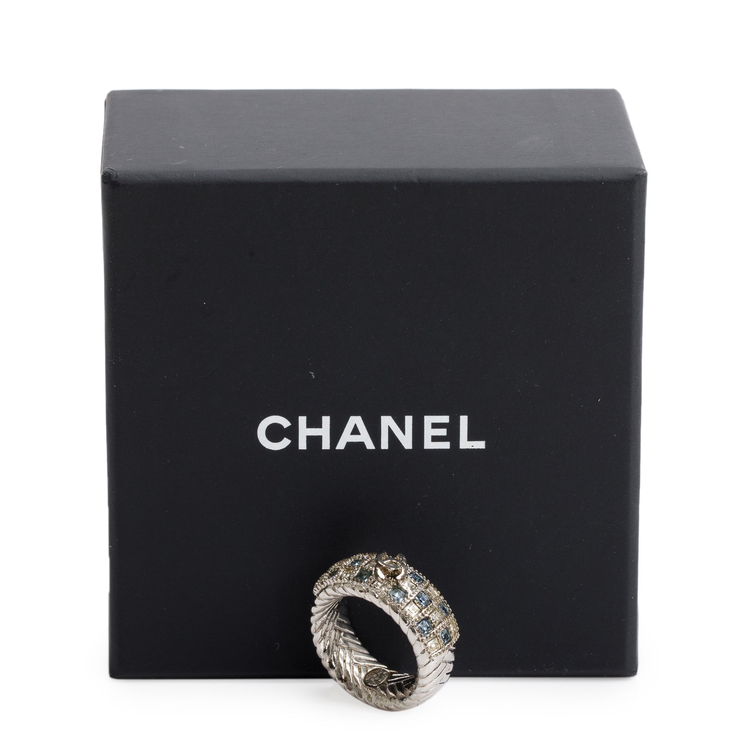 Chanel Palladium Plated Strass CC Band Ring, Size 6.75 w/ Box