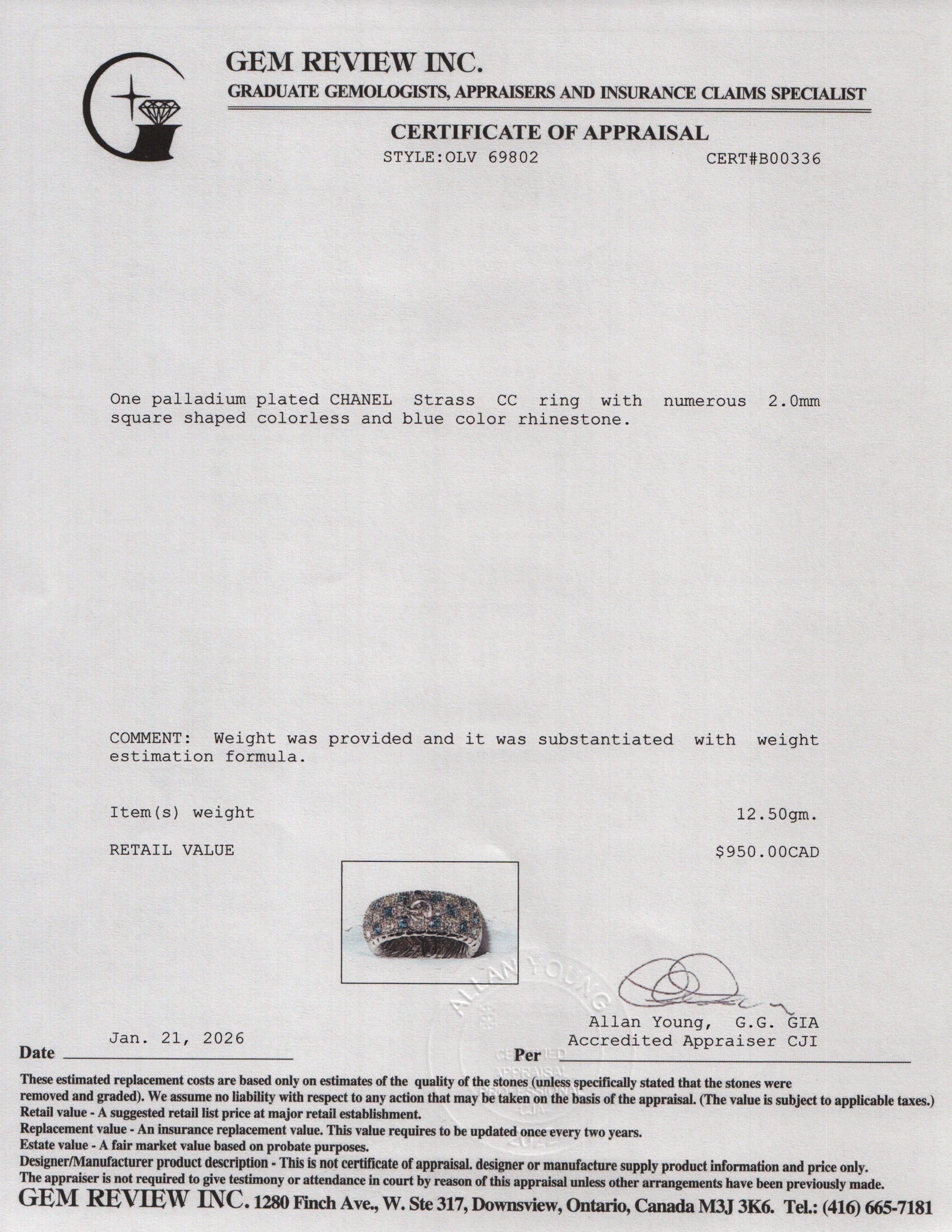 Chanel Palladium Plated Strass CC Band Ring, Size 6.75 w/ Box