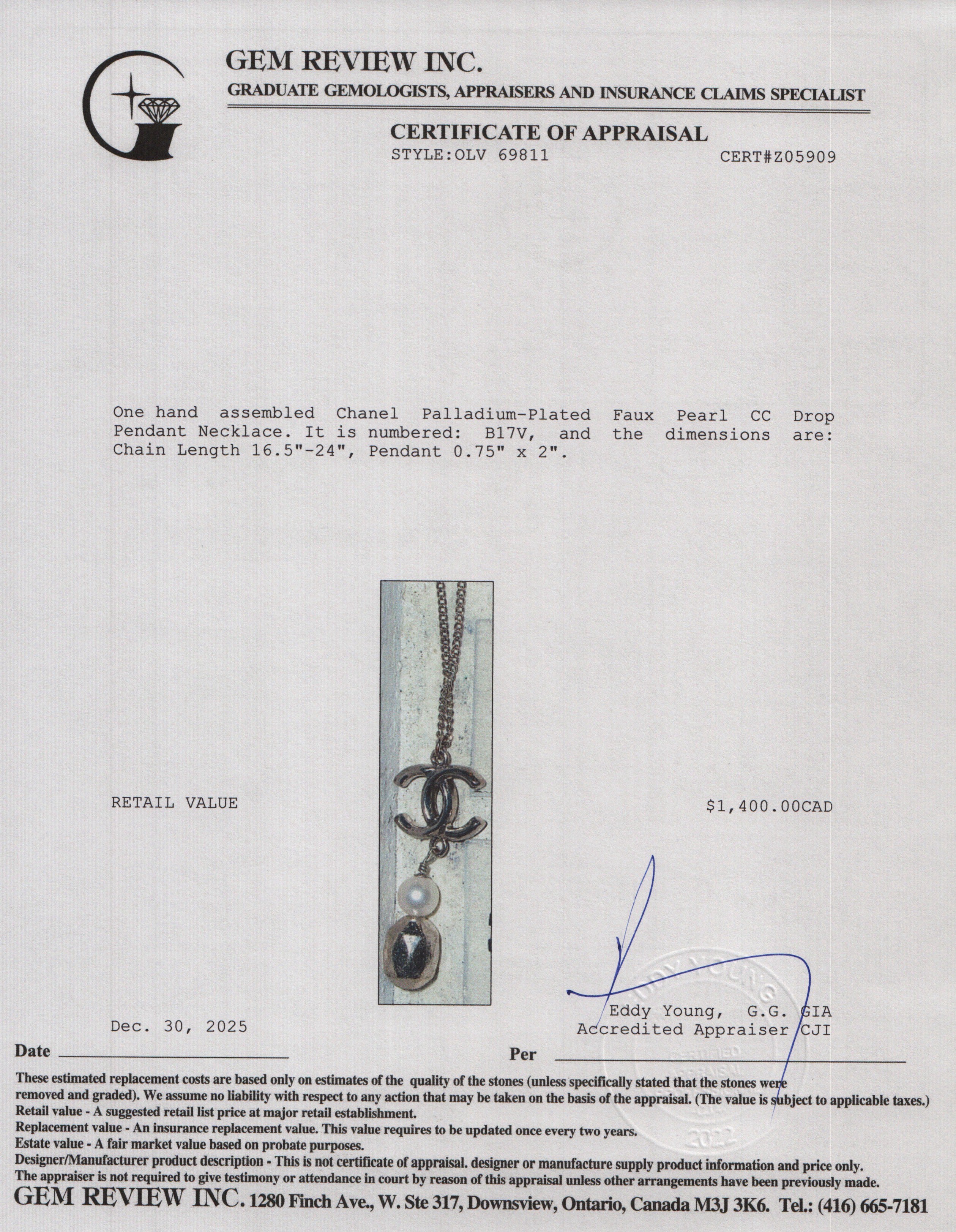 Chanel Palladium-Plated Faux Pearl CC Drop Pendant Necklace