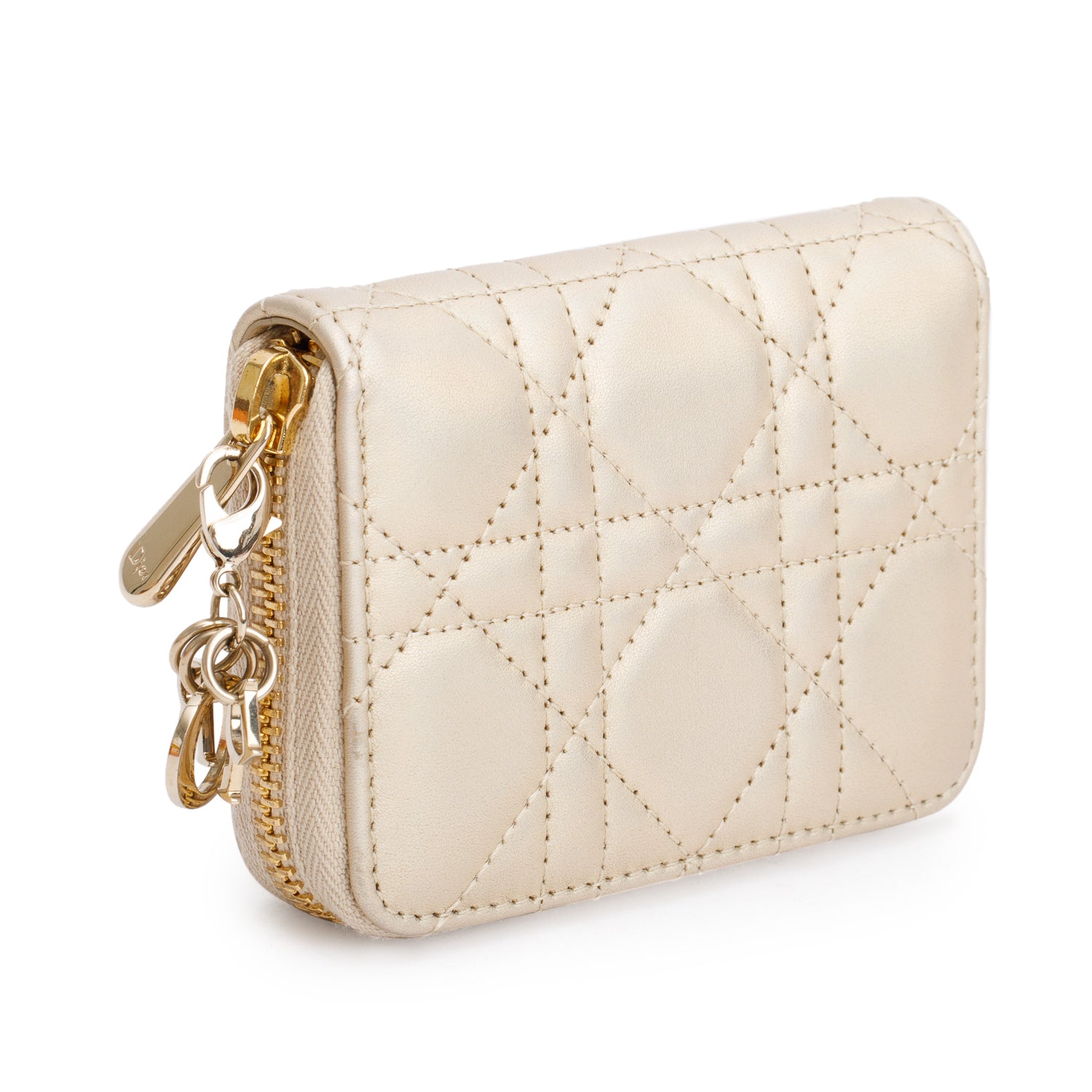 Christian Dior 2023 Iridescent Gold Cannage Lambskin Small Lady Dior Voyageur Coin Purse w/ Box & Receipt