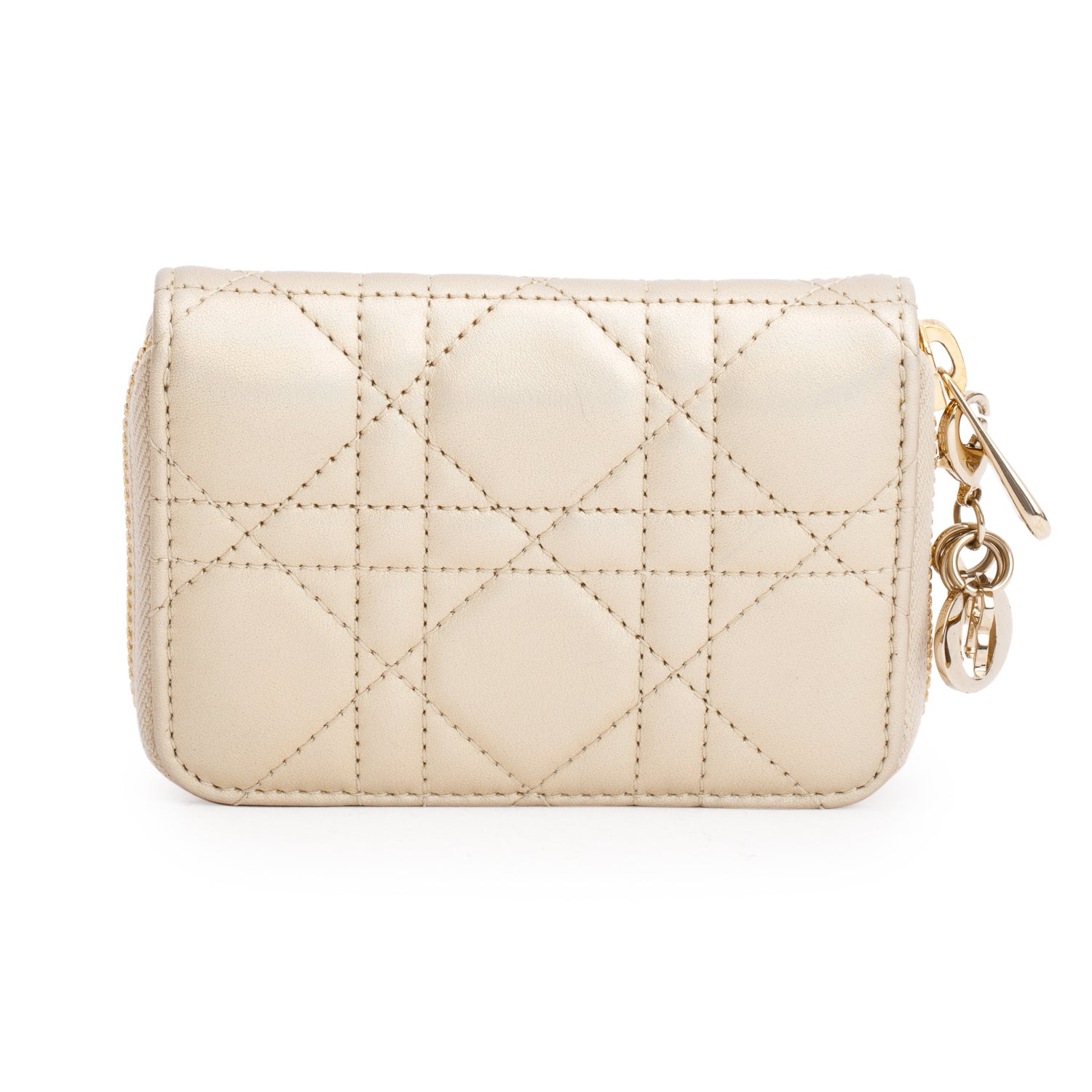 Christian Dior 2023 Iridescent Gold Cannage Lambskin Small Lady Dior Voyageur Coin Purse w/ Box & Receipt