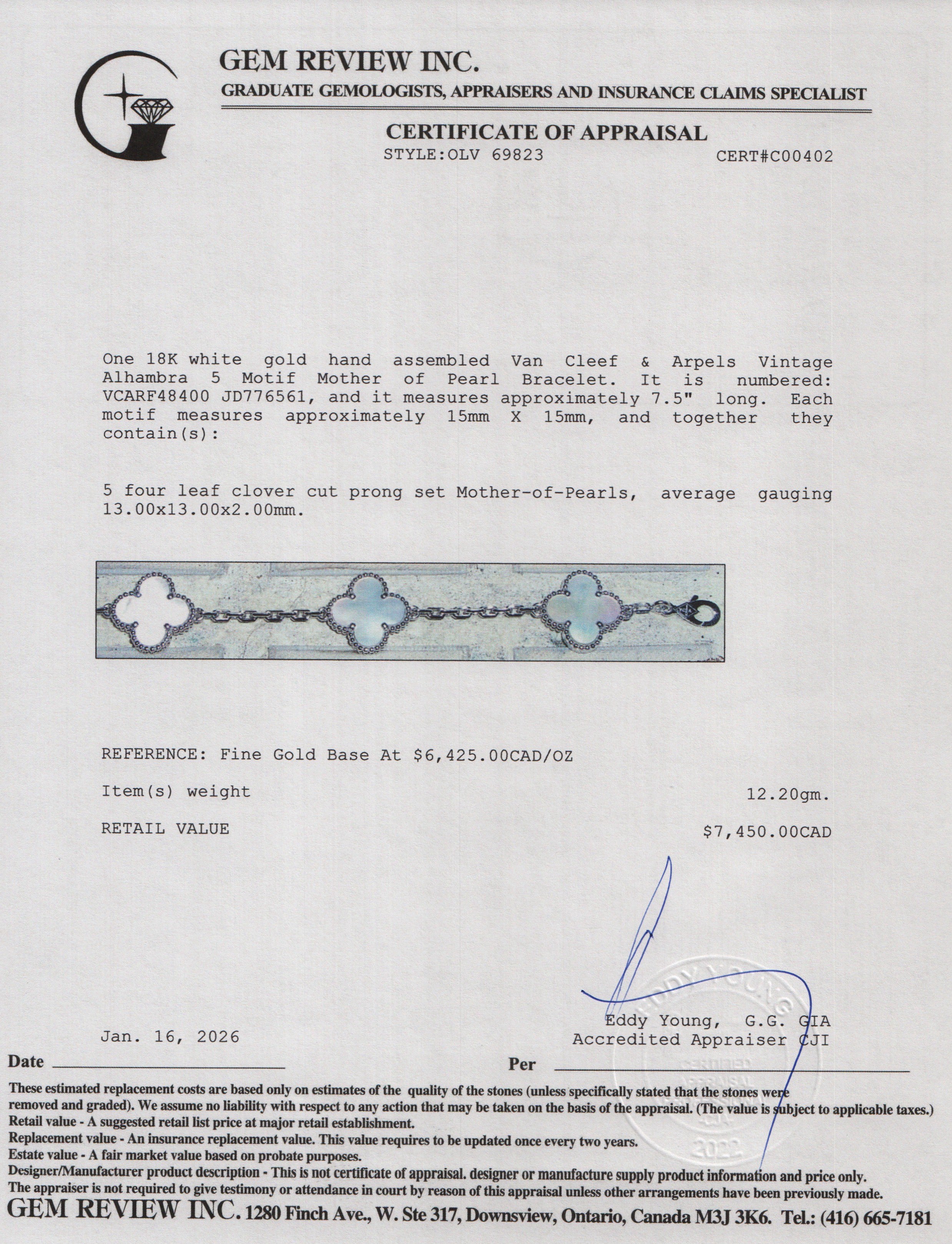 Van Cleef & Arpels 2022 18k White Gold Vintage Alhambra 5 Motif Mother of Pearl Bracelet w/ Box, Receipt & Certificate