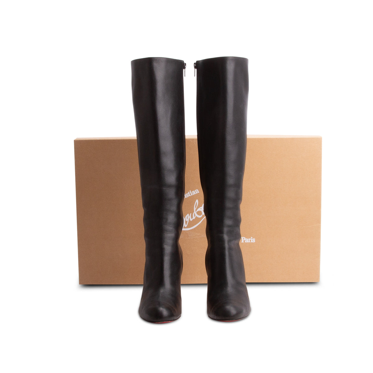Christian Louboutin Black Calfskin Simple Botta 85 Knee High Boots, Size 38 w/ Box