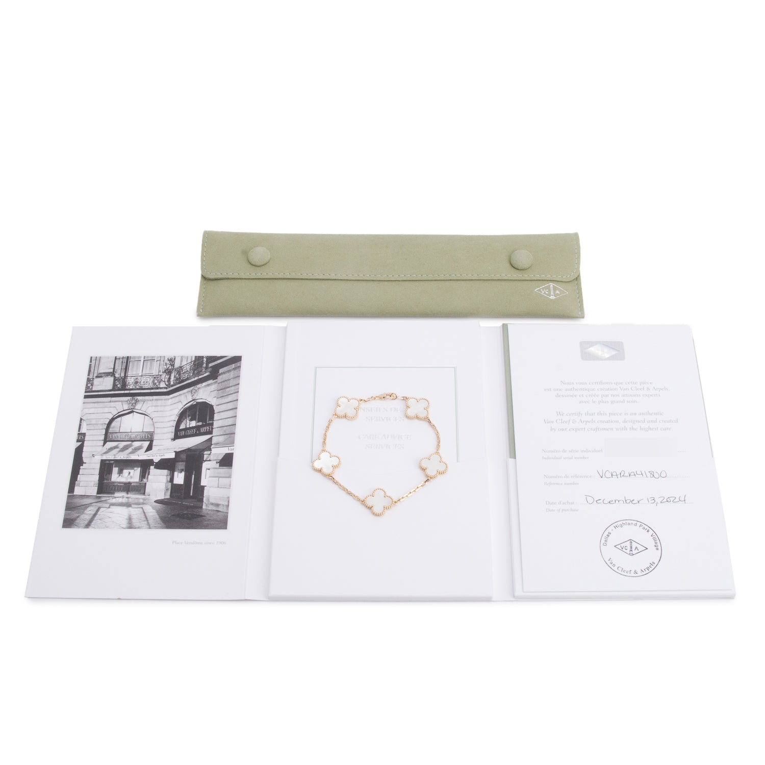 Van Cleef & Arpels 2024 18k Yellow Gold Vintage Alhambra 5 Motif Mother of Pearl Bracelet w/ Pouch & Certificate