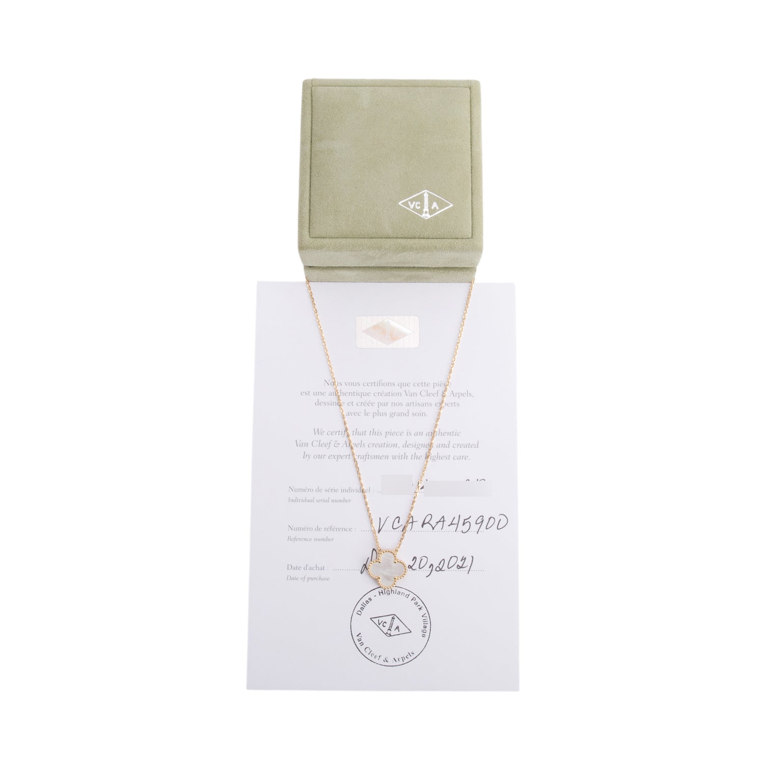 Van Cleef & Arpels 2021 18k Yellow Gold Vintage Alhambra Mother of Pearl Pendant Necklace w/ Box, Receipt & Certificate