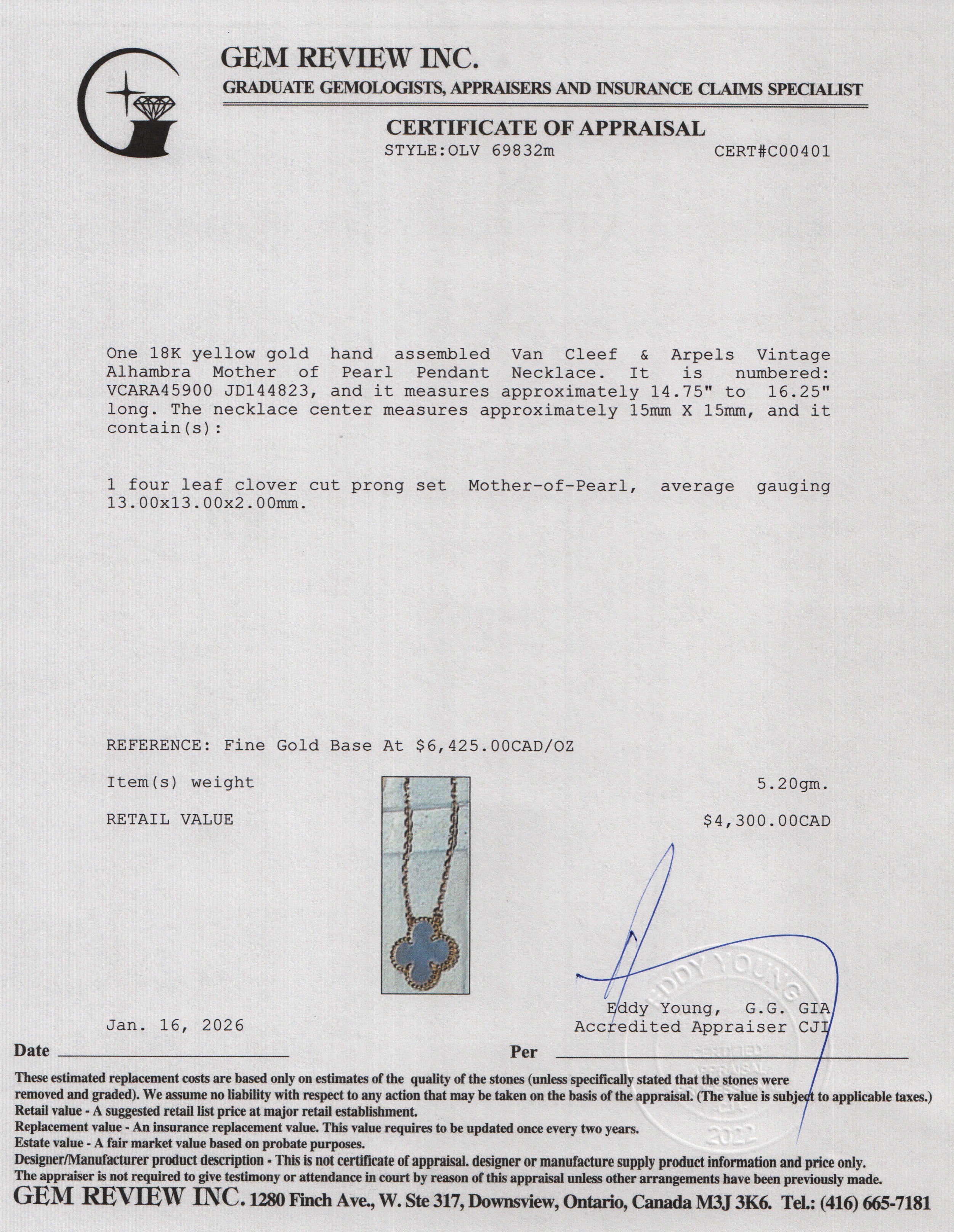 Van Cleef & Arpels 2021 18k Yellow Gold Vintage Alhambra Mother of Pearl Pendant Necklace w/ Box, Receipt & Certificate