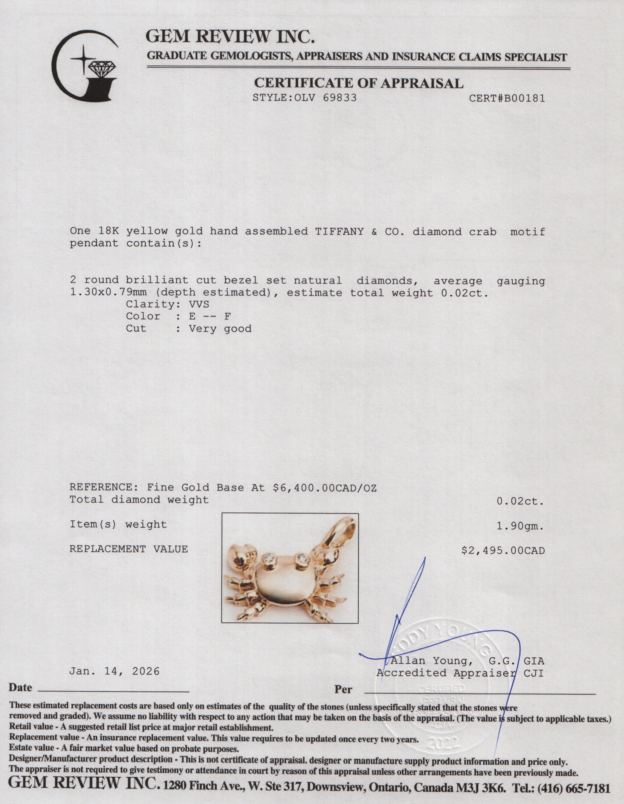 Tiffany & Co. 18k Yellow Gold Diamond Zodiac Cancer Crab Charm Pendant