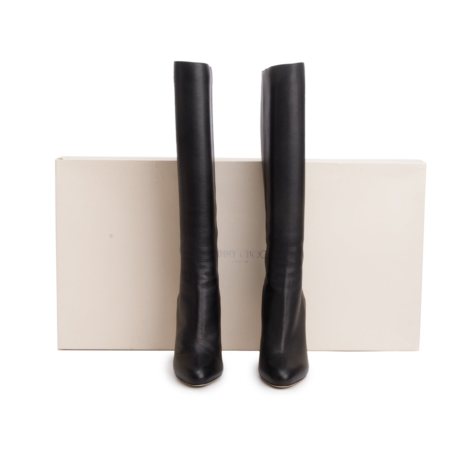 Jimmy Choo Black Grained Calfskin Leather Glory Knee High Boots, Size 35.5 w/ Box