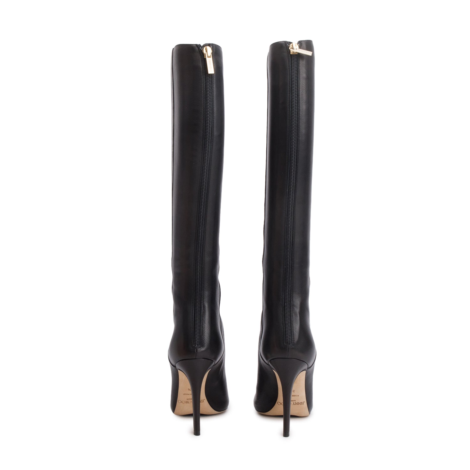 Jimmy Choo Black Grained Calfskin Leather Glory Knee High Boots, Size 35.5 w/ Box