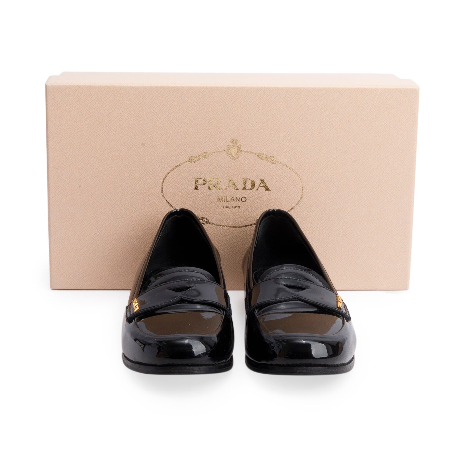 Prada Black Patent Leather Penny Loafers, Size 35.5 w/ Box