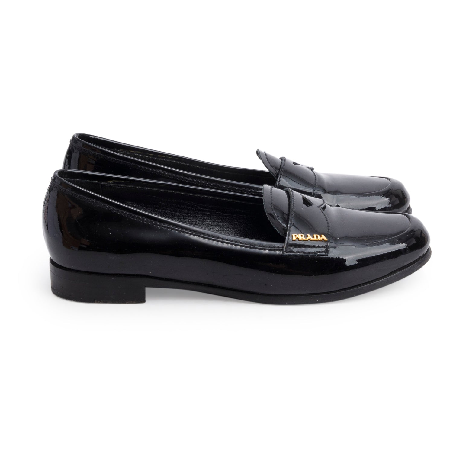 Prada Black Patent Leather Penny Loafers, Size 35.5 w/ Box