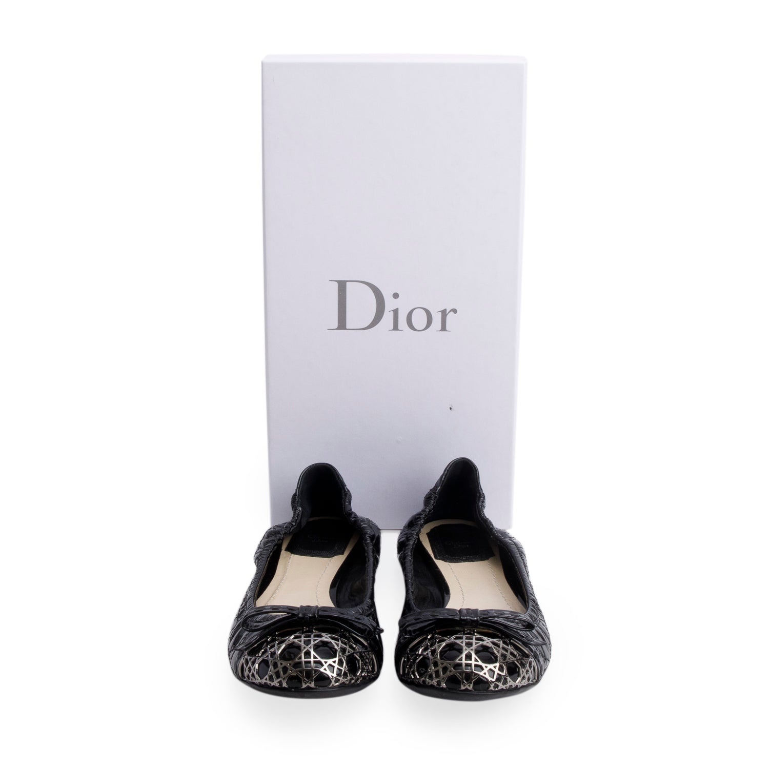 Christian Dior Black Patent Leather Icon Cannage Ballerine Flats, Size 36.5 w/ Box