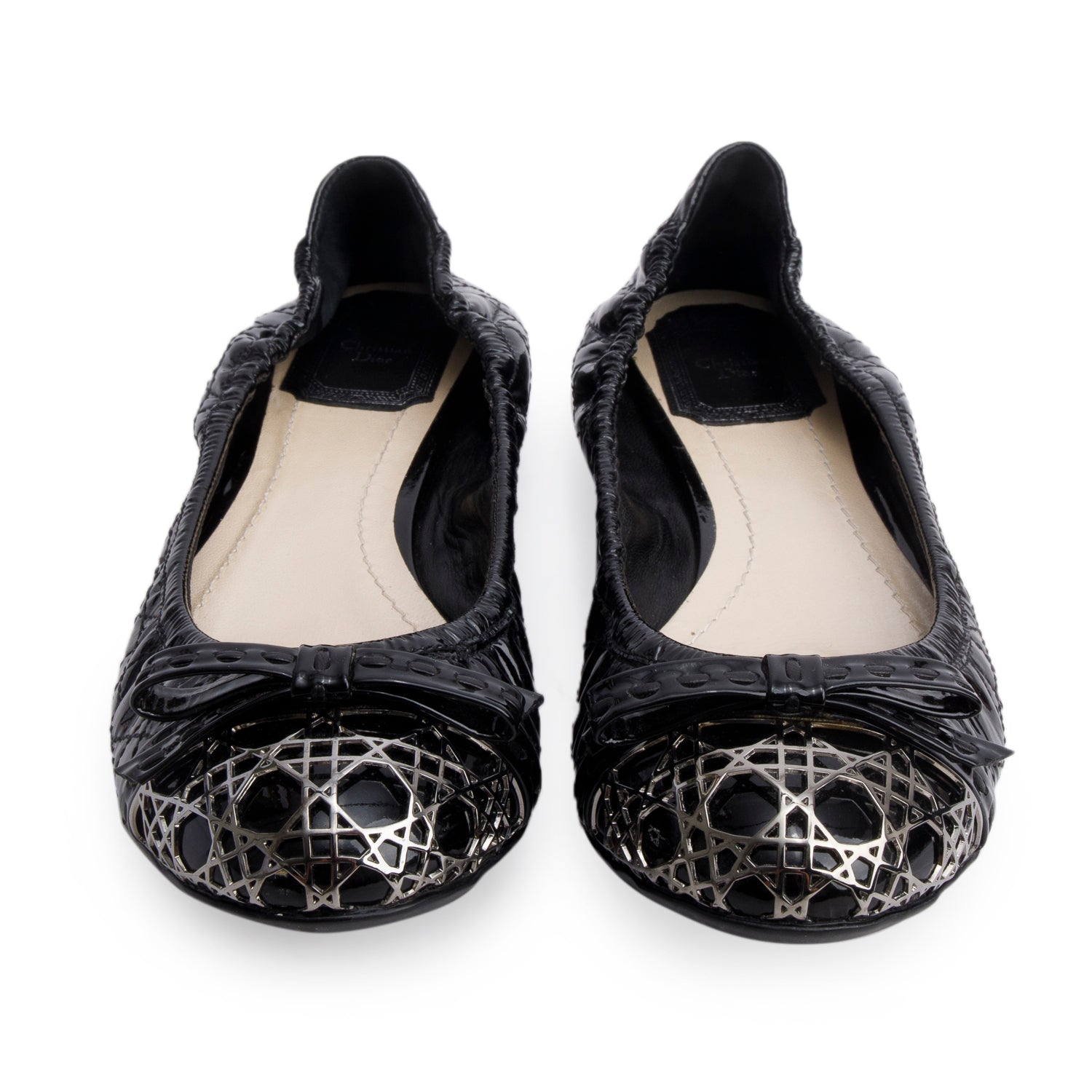 Christian Dior Black Patent Leather Icon Cannage Ballerine Flats, Size 36.5 w/ Box