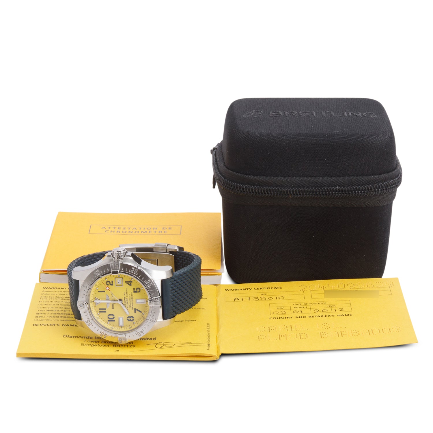 Breitling Stainless Steel Aeromarine Avenger Seawolf 45 MM Automatic Watch Yellow Dial A17330 w/ Case & Papers