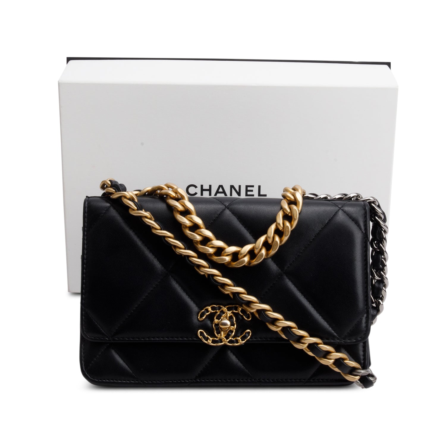 Chanel Black Quilted Lambskin Leather 19 Wallet On Chain w/ Box