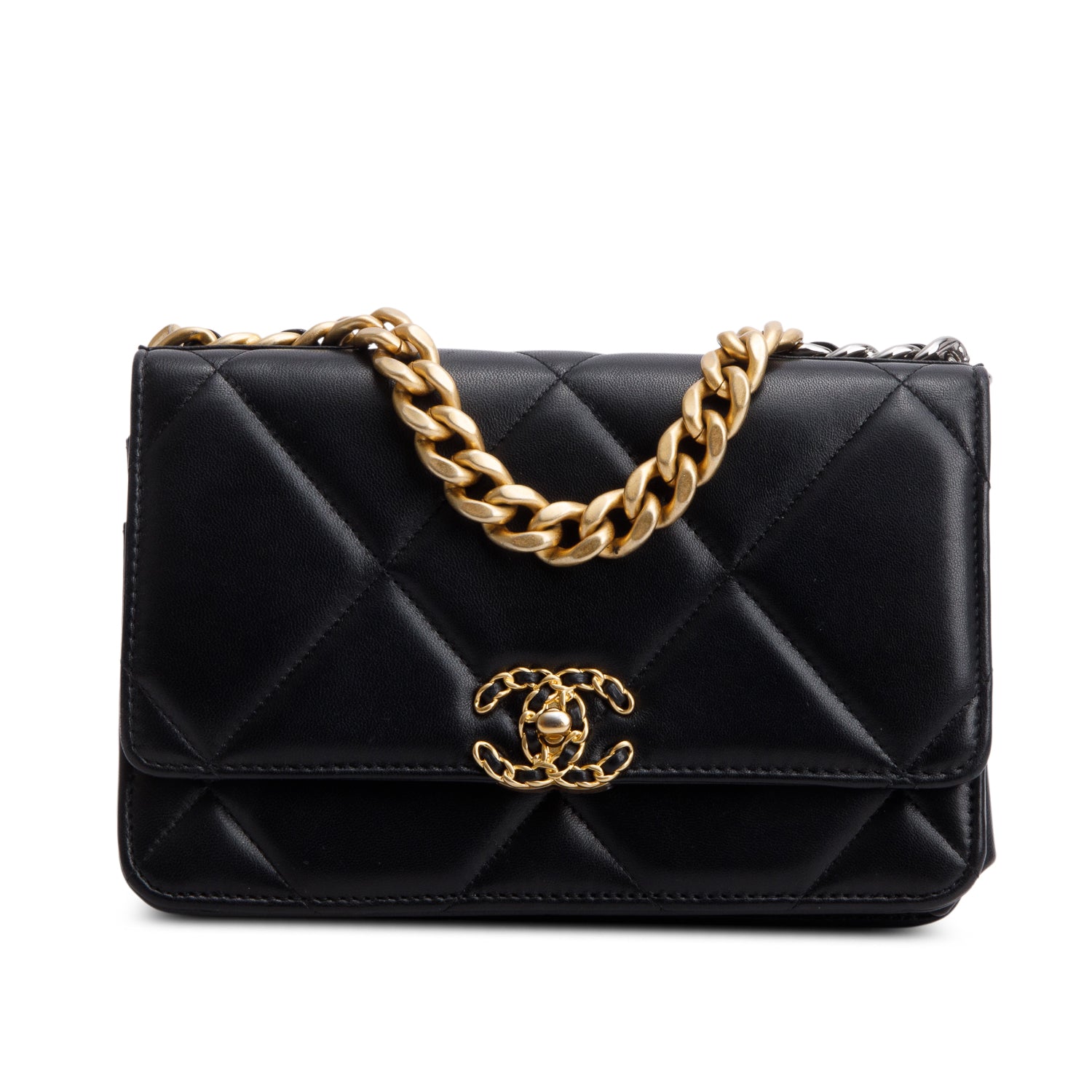 Chanel Black Quilted Lambskin Leather 19 Wallet On Chain w/ Box