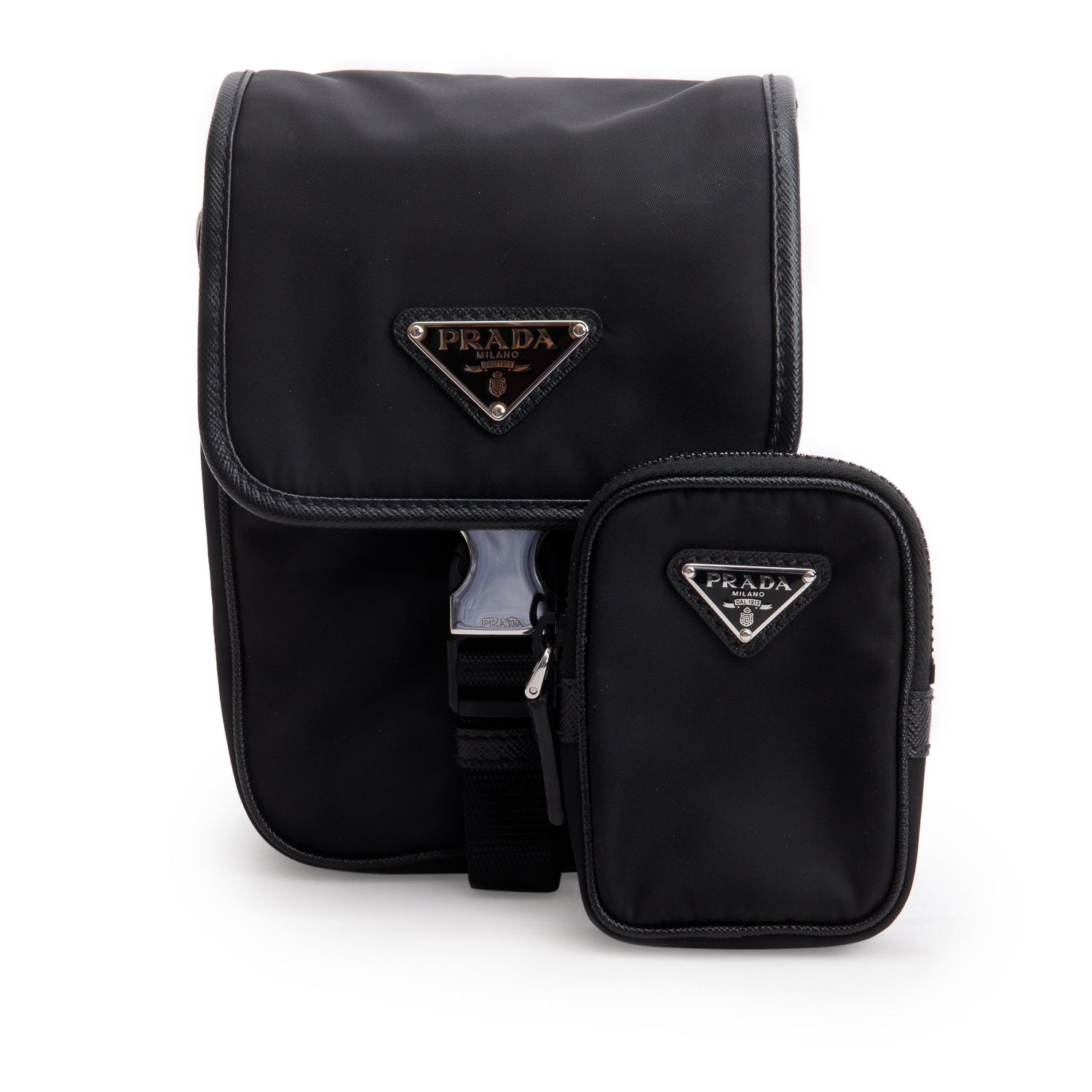 Prada Black Re-Nylon Saffiano Mini Pocket Single Snap Buckle Messenger Bag w/ Box
