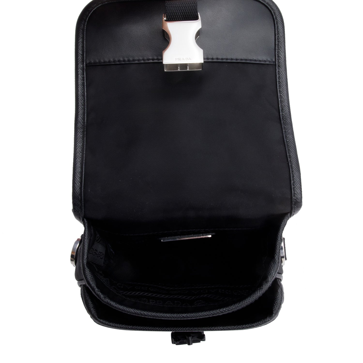 Prada Black Re-Nylon Saffiano Mini Pocket Single Snap Buckle Messenger Bag w/ Box
