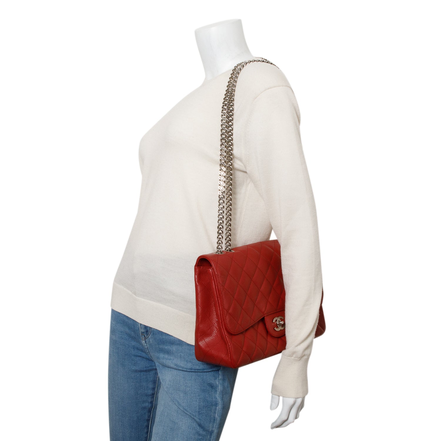 Chanel Red Caviar Classic Jumbo Single Flap Bag w/ Authenticity Card