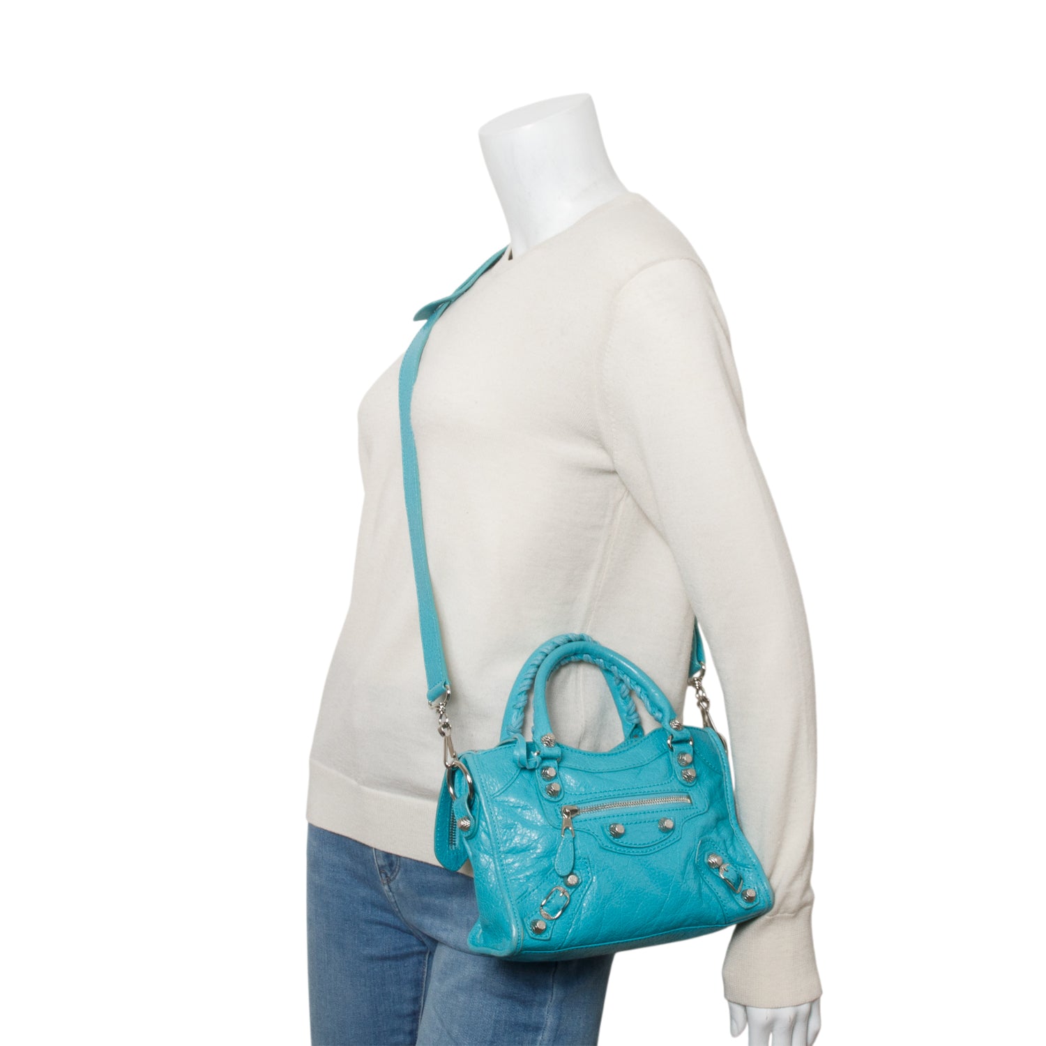 Balenciaga Teal Arena Lambskin Leather Classic Mini City Bag w/ Strap