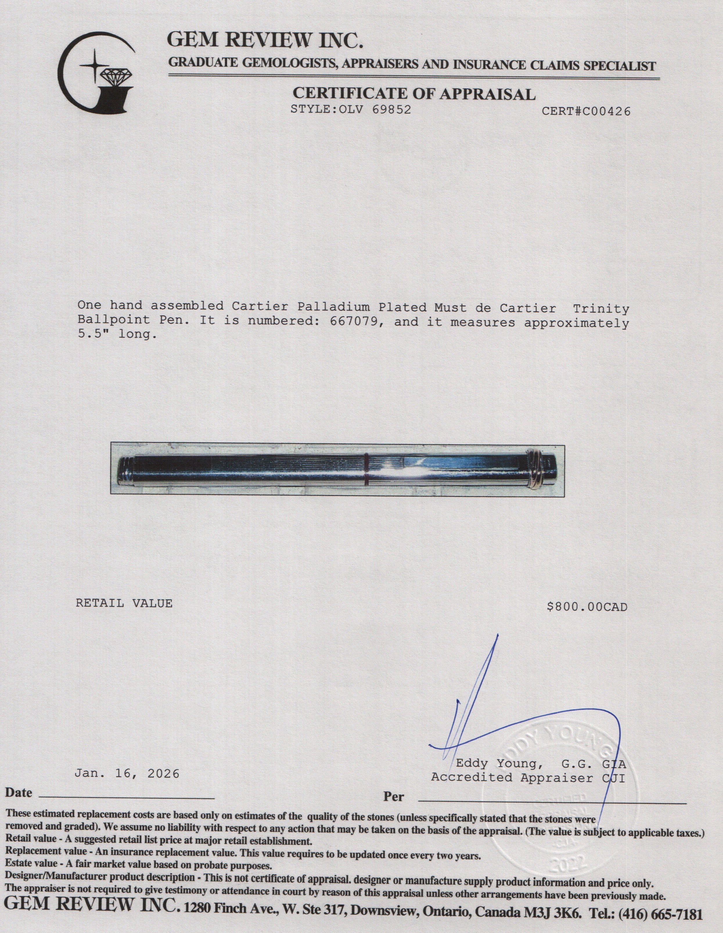 Cartier Palladium Plated Must de Cartier Trinity Ballpoint Pen w/ Box