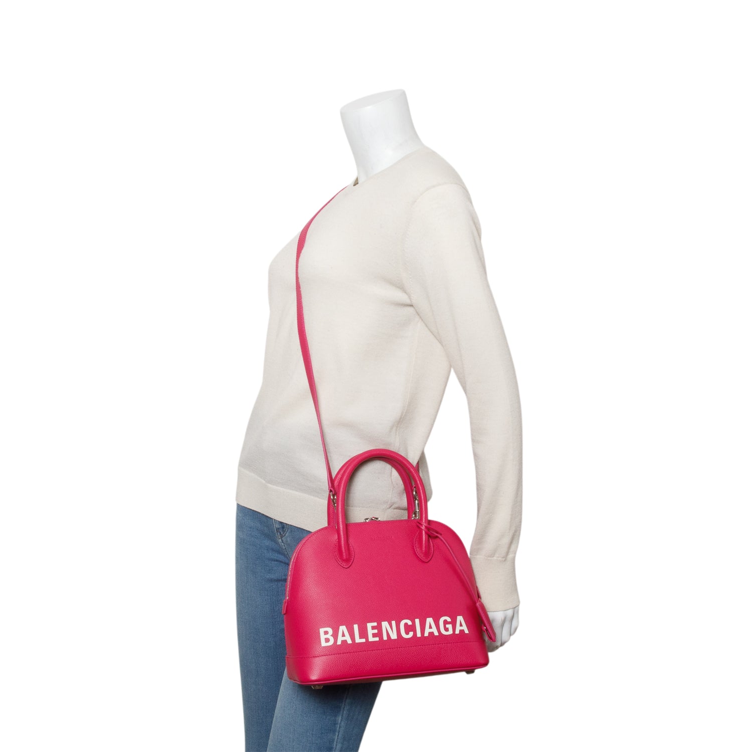 Balenciaga Pink Signature Grained Calfskin Logo S Ville Top Handle Bag w/ Strap