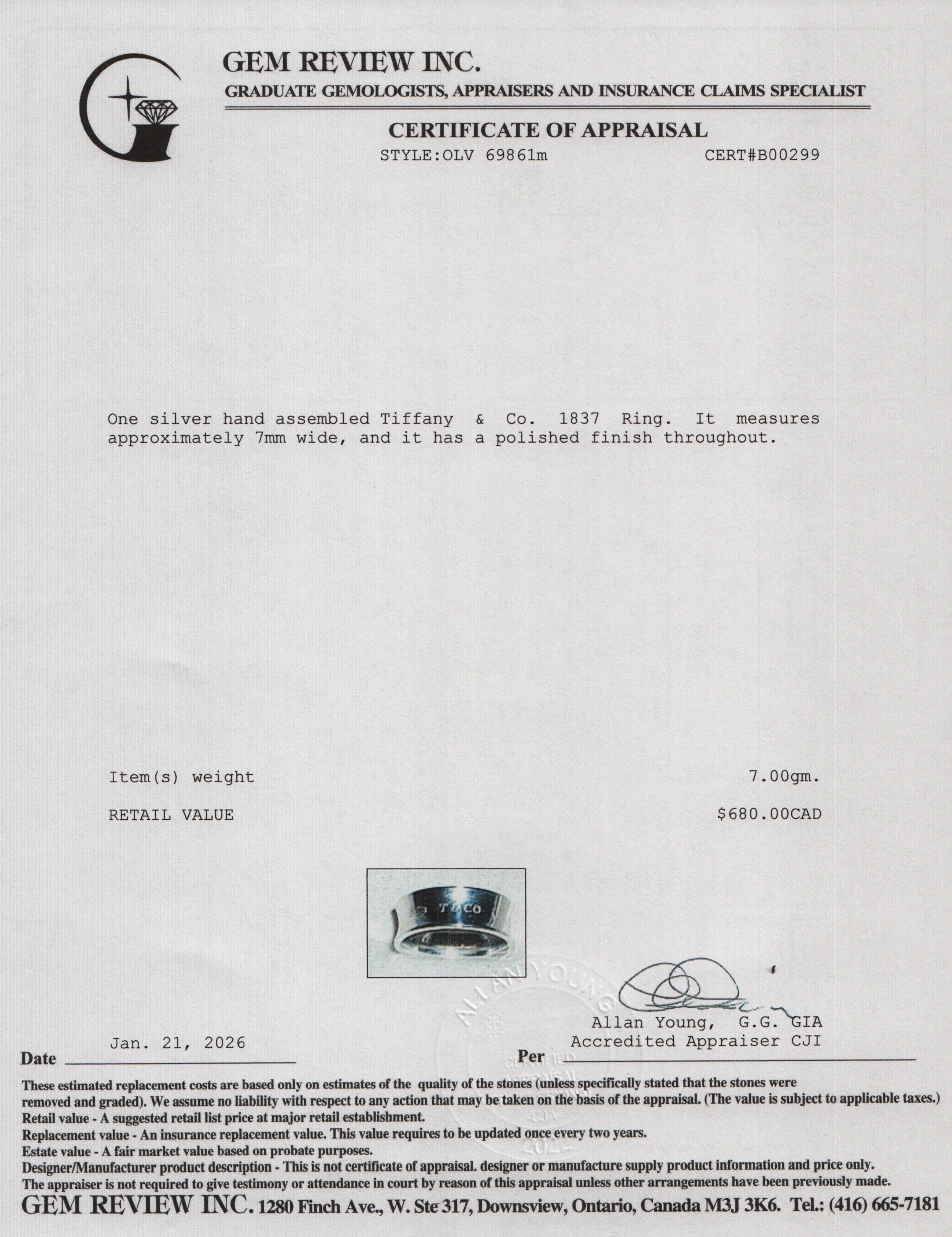 Tiffany & Co. Sterling Silver 1837 Ring, Size 4.75