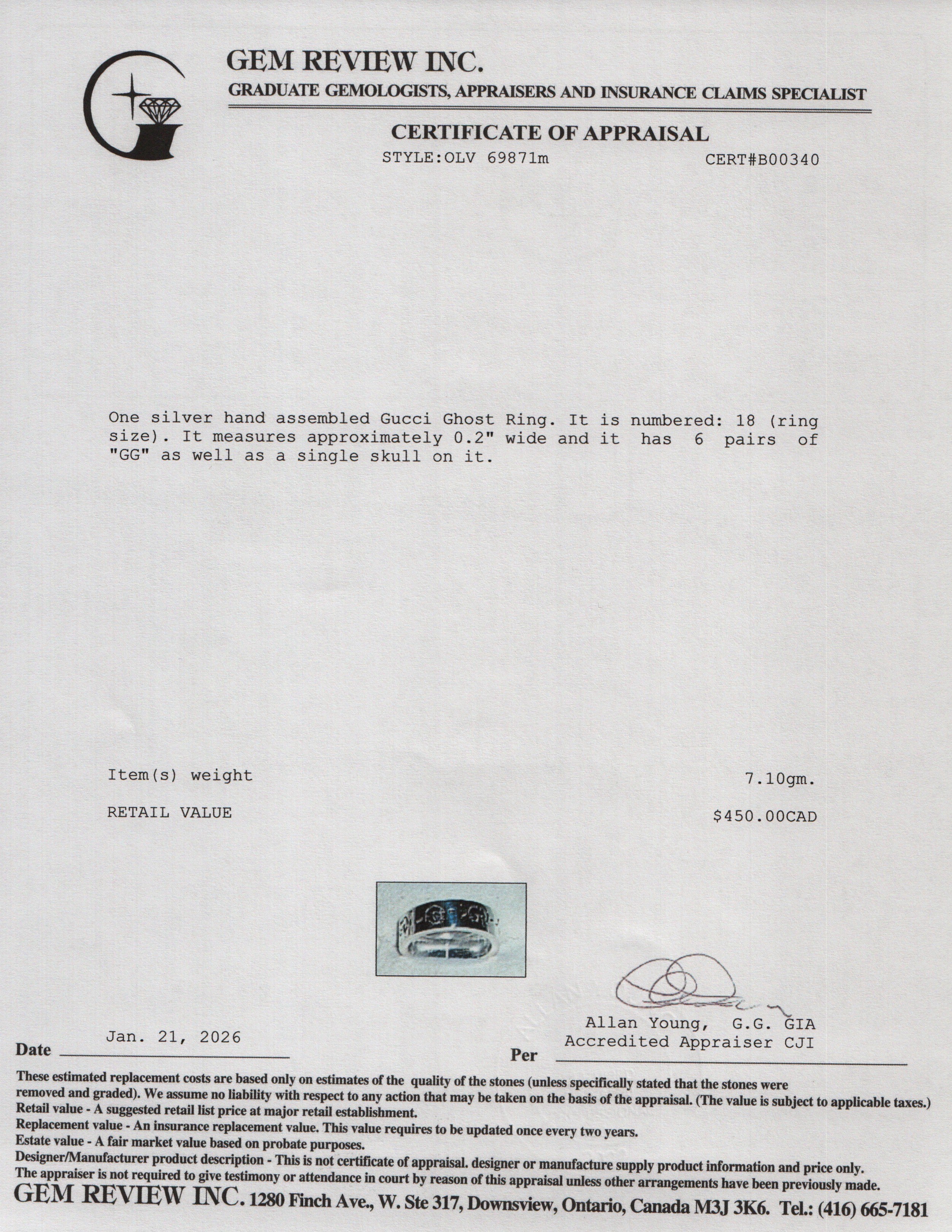 Gucci Sterling Silver Ghost Ring, Size 18 8