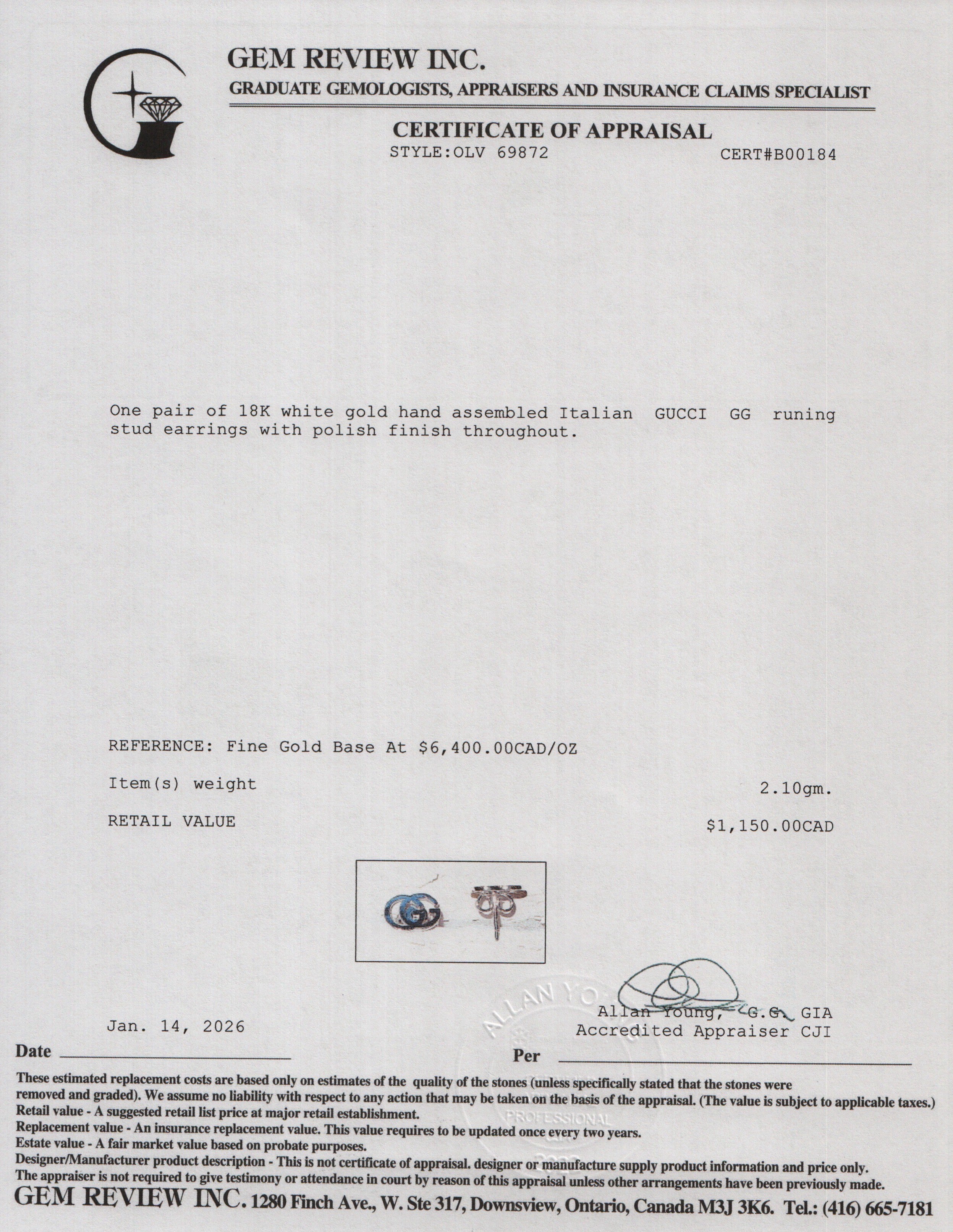 Gucci 18k White Gold GG Running Stud Earrings