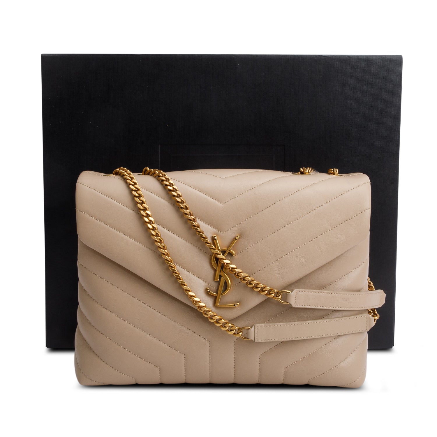 Saint Laurent 2022 Beige Calfskin Y Quilted Monogram Medium Loulou Chain Satchel w/ Box