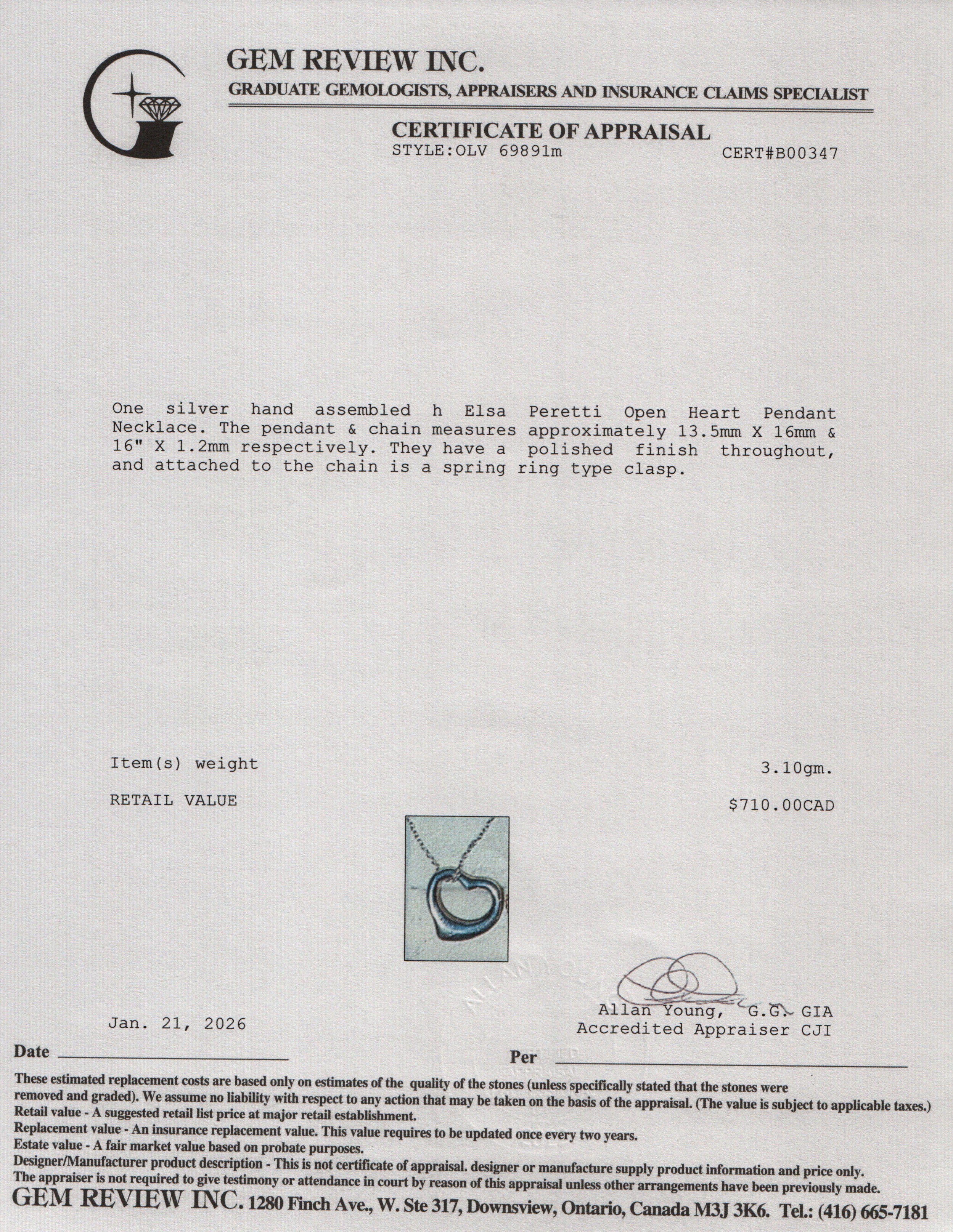 Tiffany & Co. Elsa Peretti Sterling Silver 16 MM Open Heart Pendant Necklace