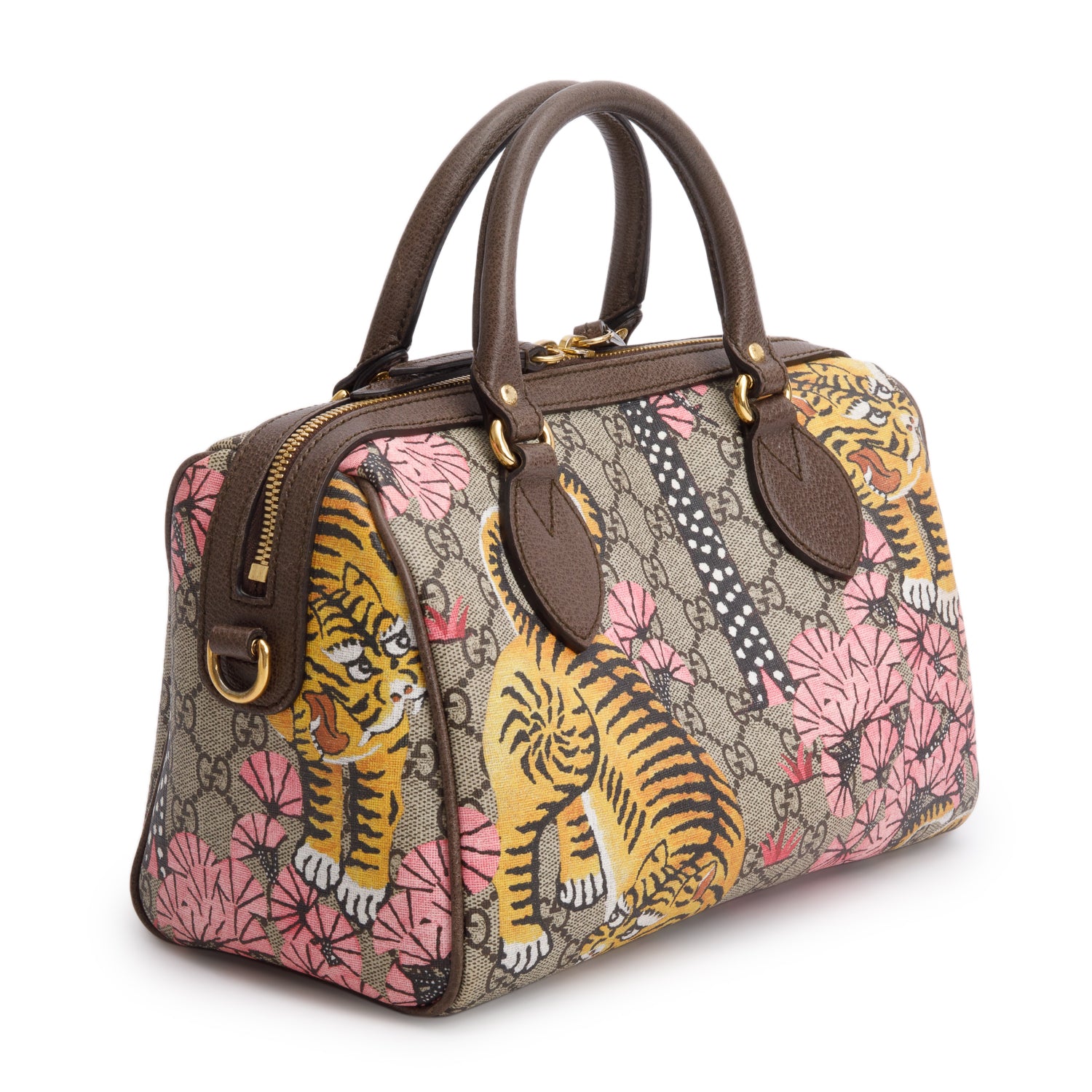 Gucci GG Supreme Monogram Bengal Web Small Boston Bag w/ Strap
