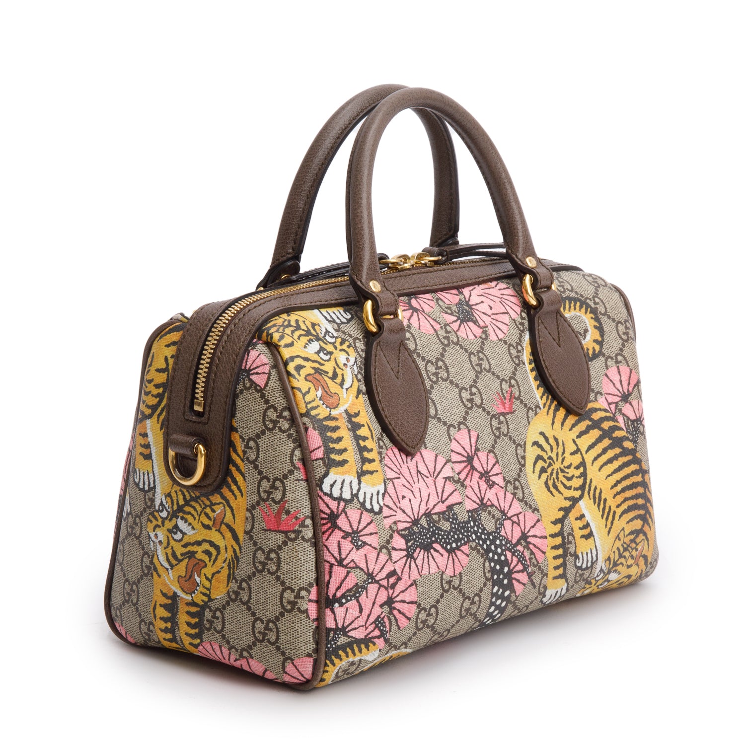 Gucci GG Supreme Monogram Bengal Web Small Boston Bag w/ Strap