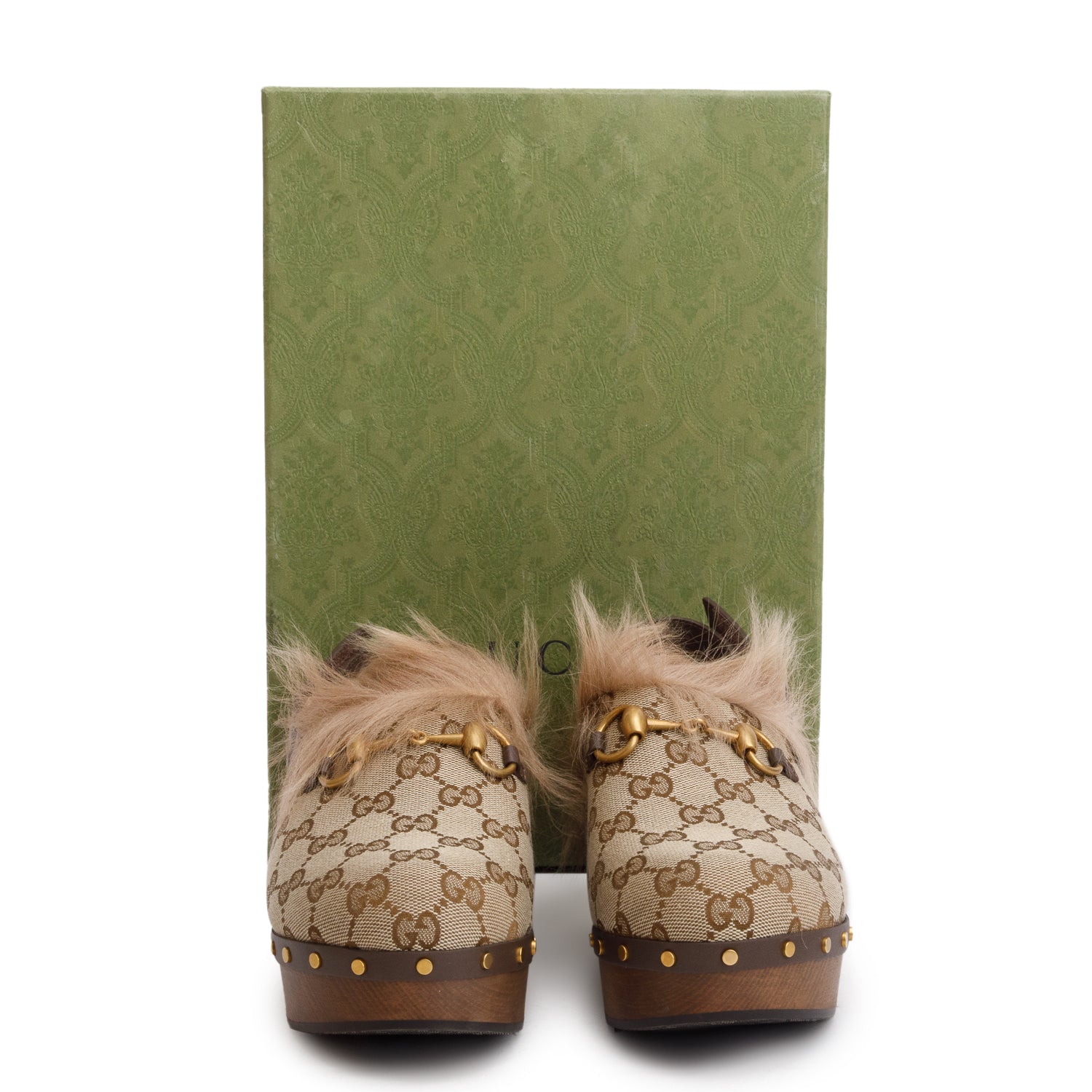 Gucci GG Supreme Monogram Fur Horsebit Amstel Slingback Clogs, Size 38.5 w/ Bix