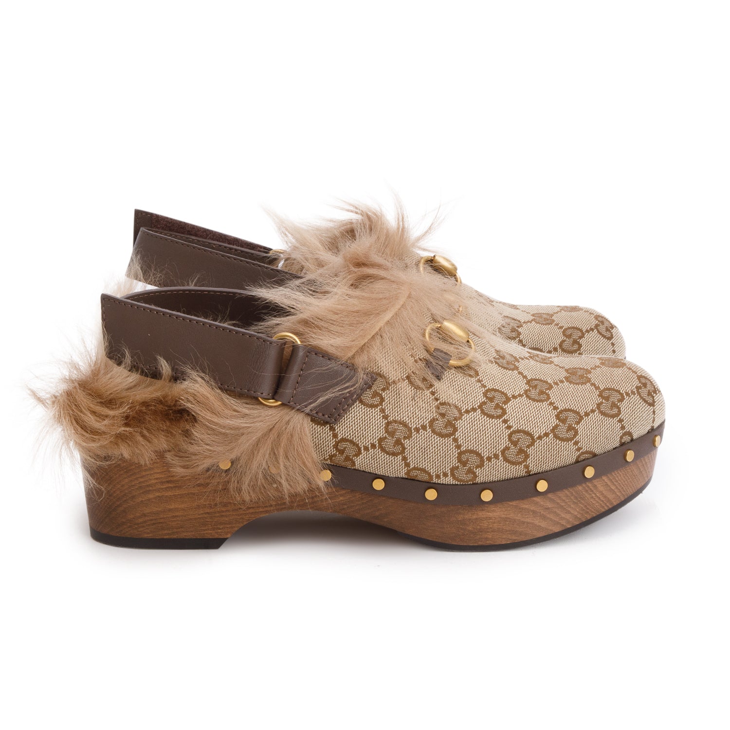 Gucci GG Supreme Monogram Fur Horsebit Amstel Slingback Clogs, Size 38.5 w/ Bix