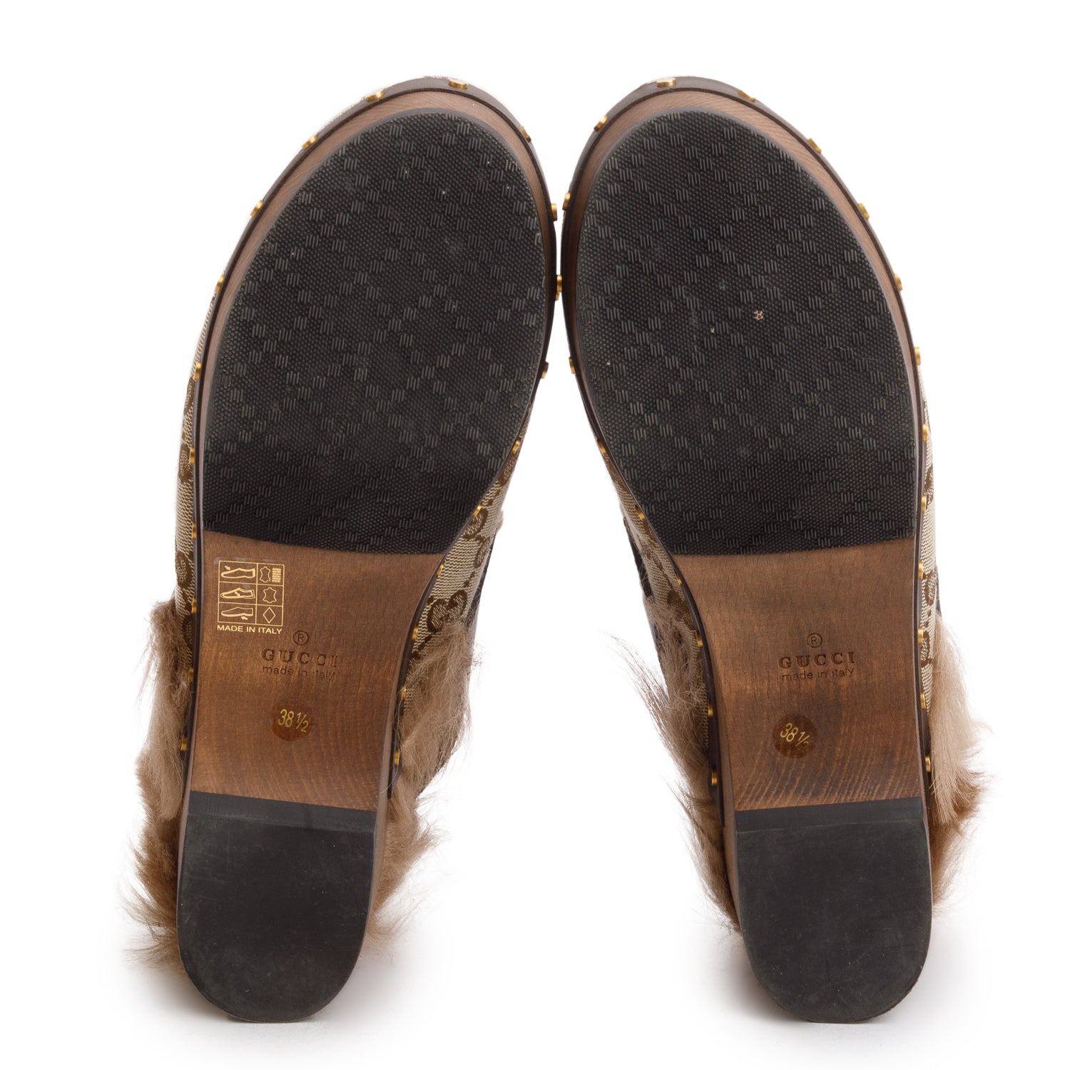 Gucci GG Supreme Monogram Fur Horsebit Amstel Slingback Clogs, Size 38.5 w/ Bix
