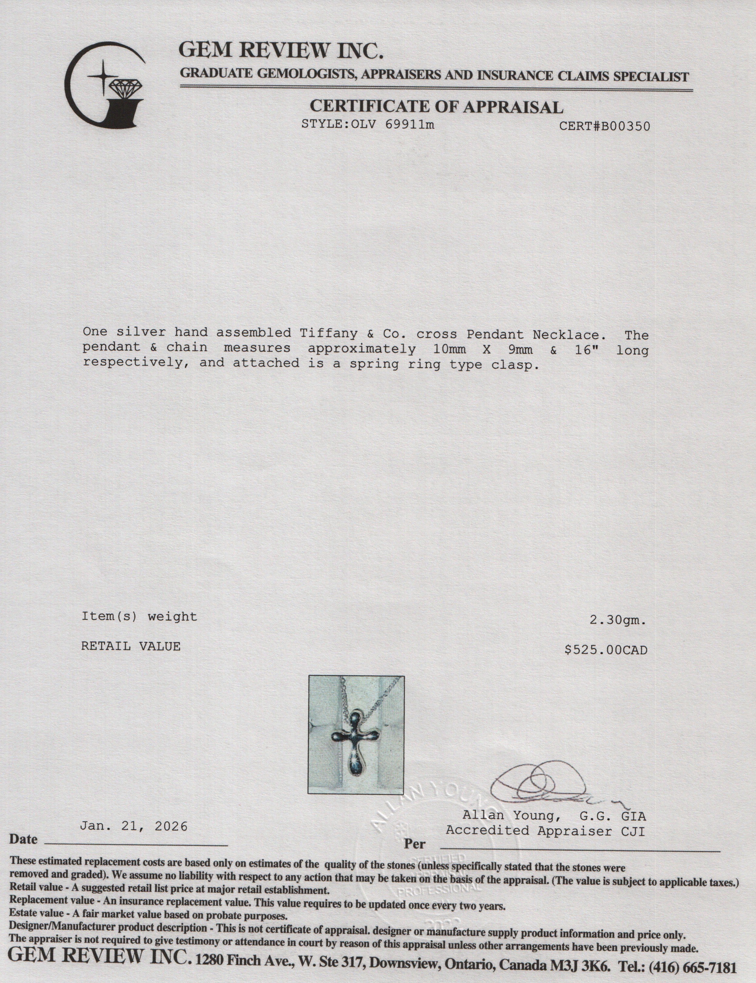 Tiffany & Co. Elsa Peretti Sterling Silver Cross Pendant Necklace, 12 MM Long