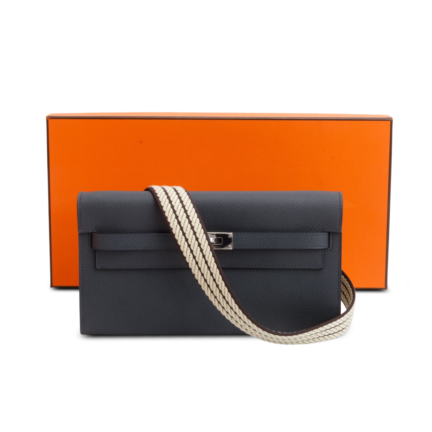 Hermes 2024 Ardoise Epsom Leather Kelly Wallet To Go w/ Strap & Box