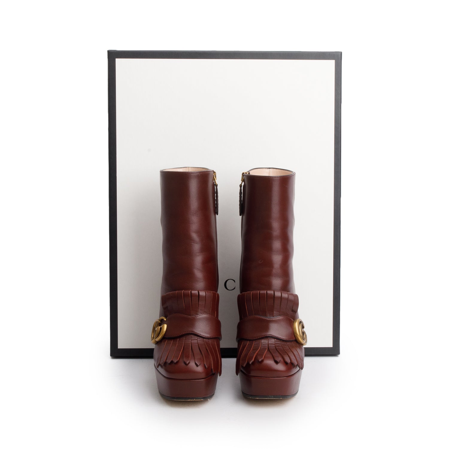 Gucci Brown Calfskin Leather GG Marmont Fringe Platform Boots, Size 37.5 w/ Box