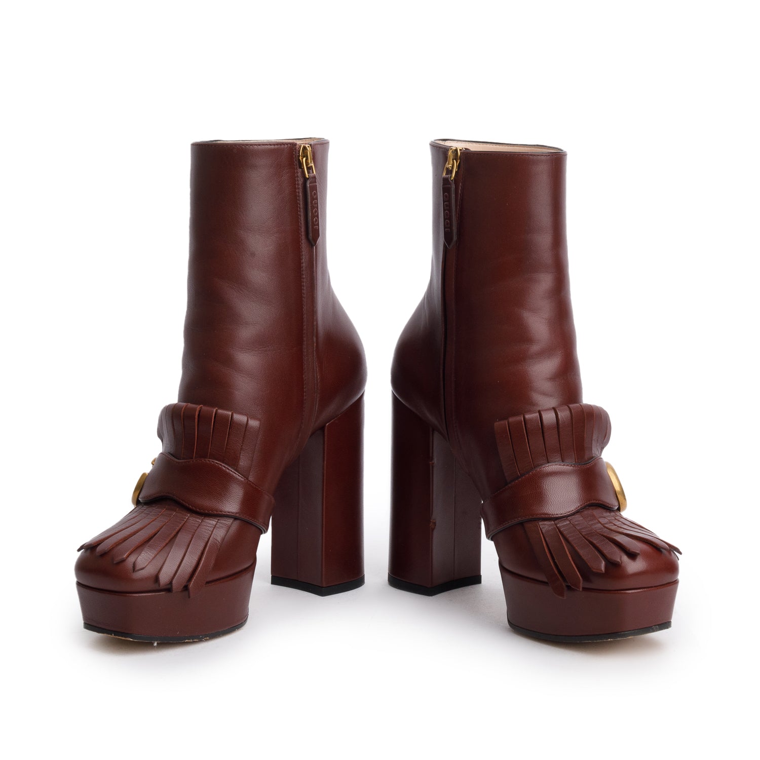 Gucci Brown Calfskin Leather GG Marmont Fringe Platform Boots, Size 37.5 w/ Box
