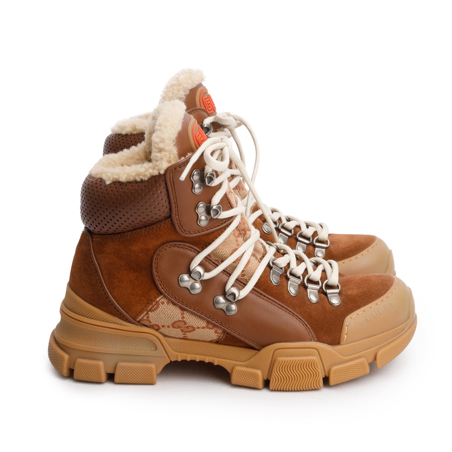 Gucci  GG Canvas Brown Suede Flashtrek Sneakers, Size 37.5 w/ Box