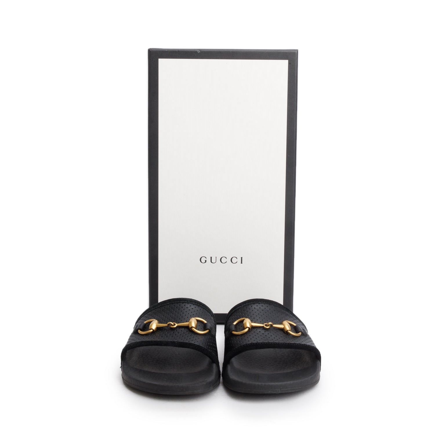 Gucci Black Leather Suede Horsebit Pursuit Rubber Slides, Size 36 w/ Box