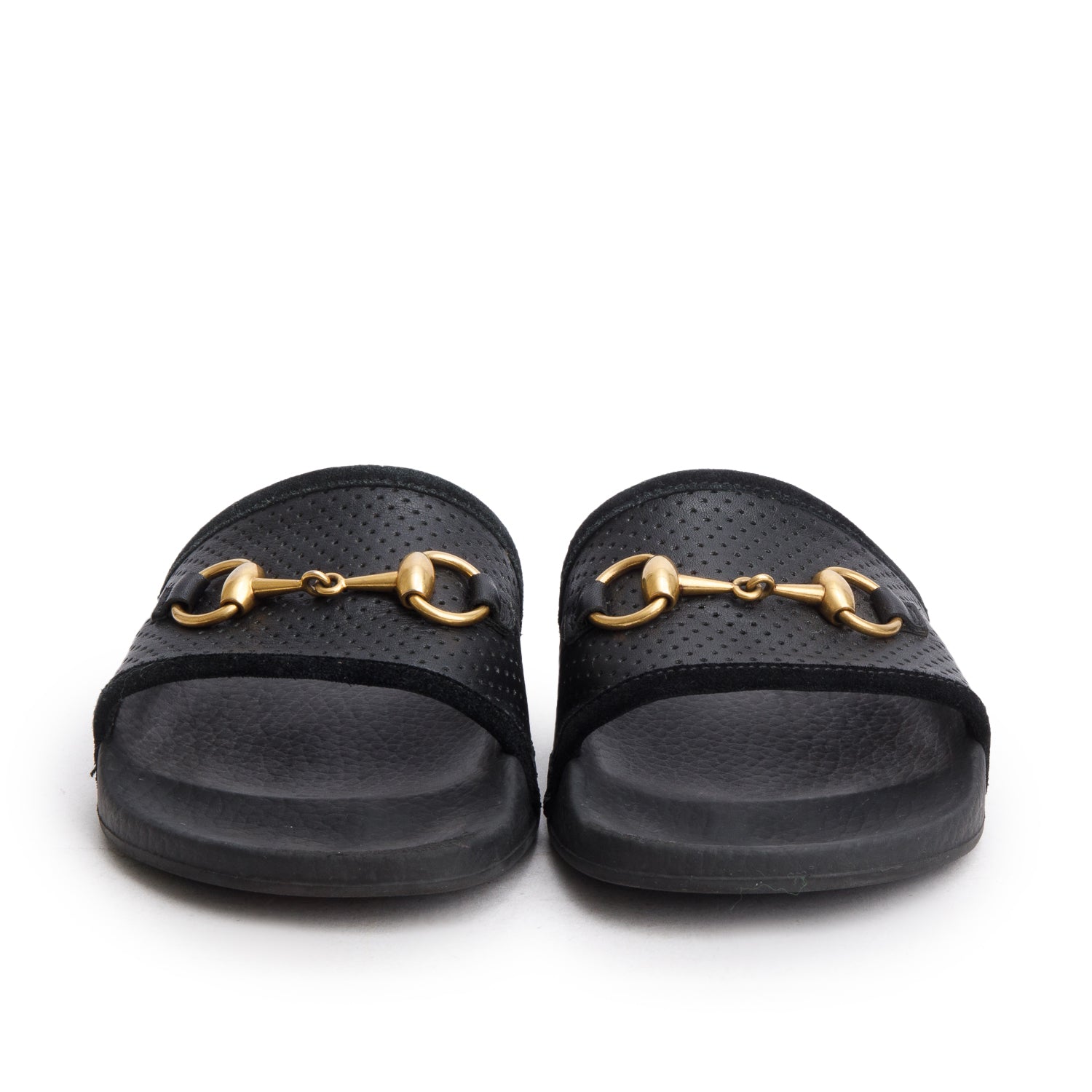 Gucci Black Leather Suede Horsebit Pursuit Rubber Slides, Size 36 w/ Box