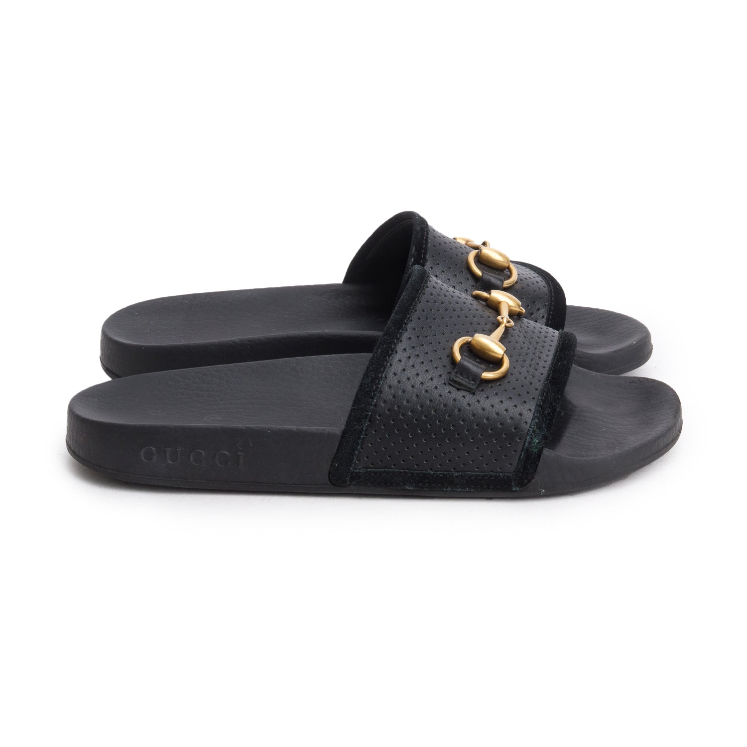 Gucci Black Leather Suede Horsebit Pursuit Rubber Slides, Size 36 w/ Box