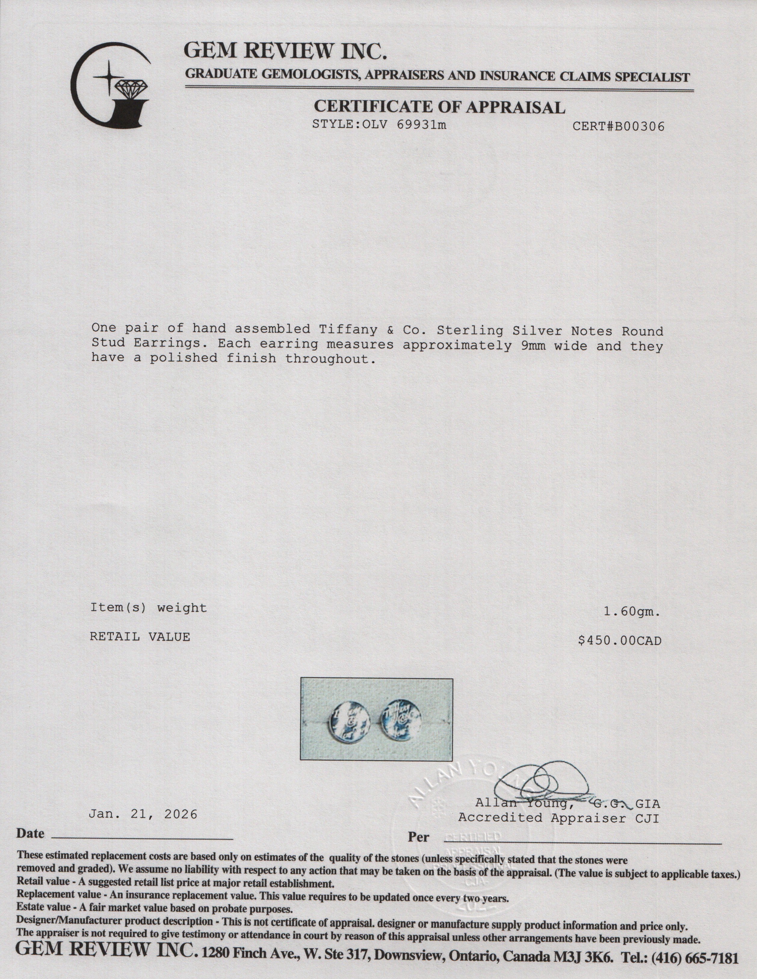 Tiffany & Co. Sterling Silver Notes Round Stud Earrings, 9 MM